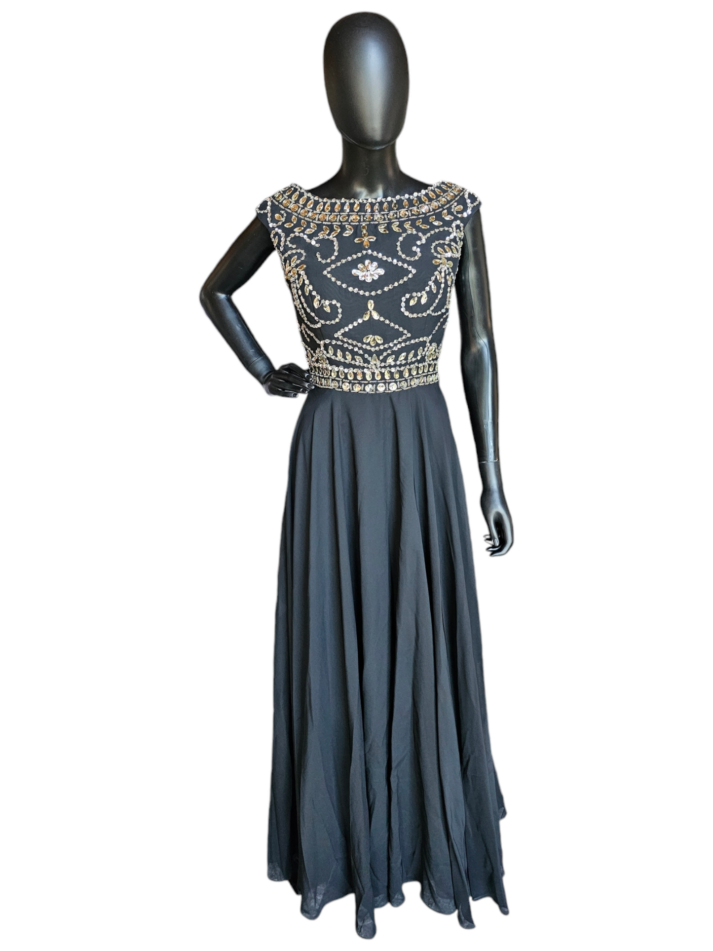 Black Chiffon Boatneck Large Crystal Bodice Full Length Formal Gown