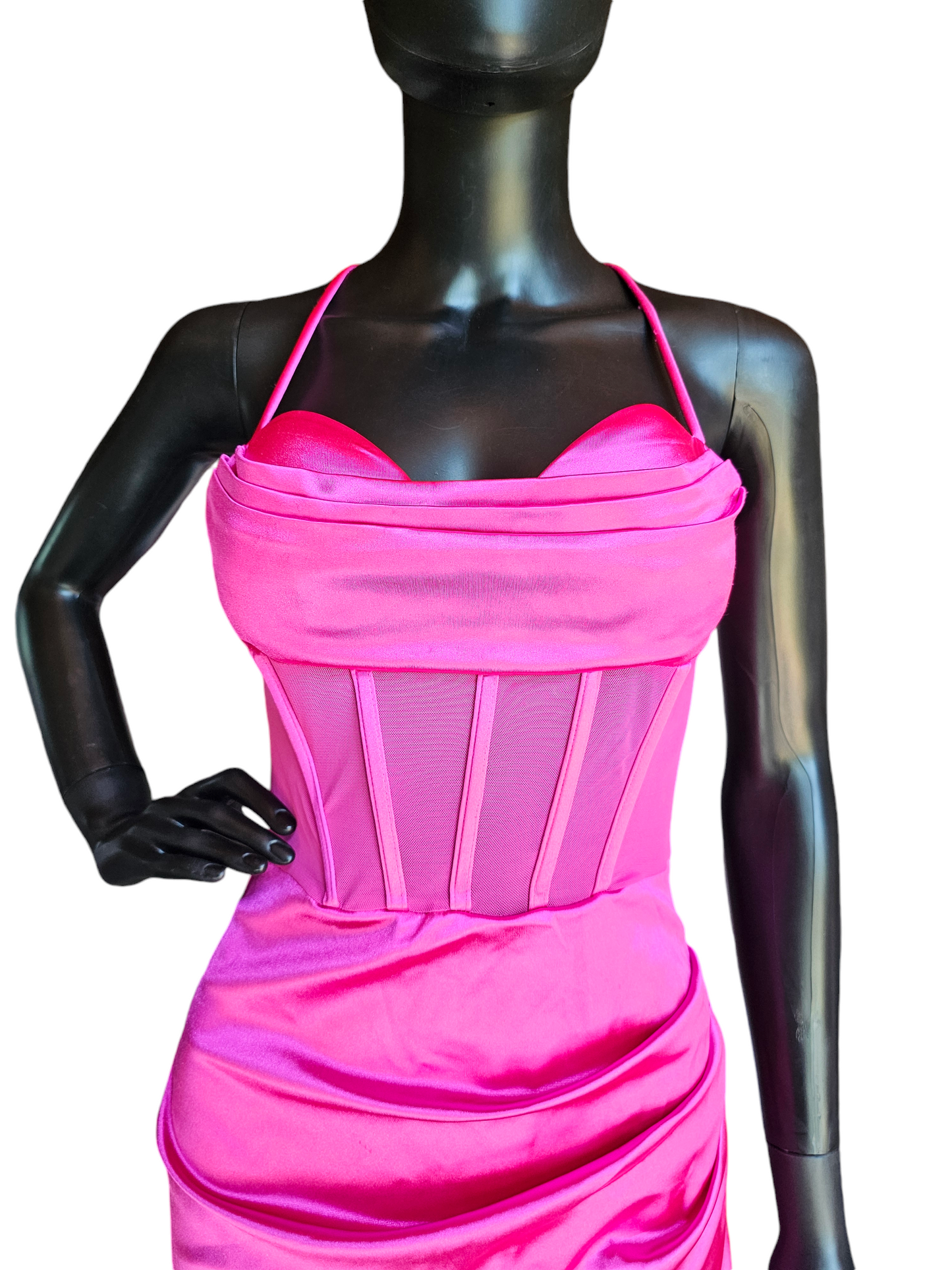 Hot Pink Satin Illusion Panel Cocktail Dress / Party Dress - Lovesome