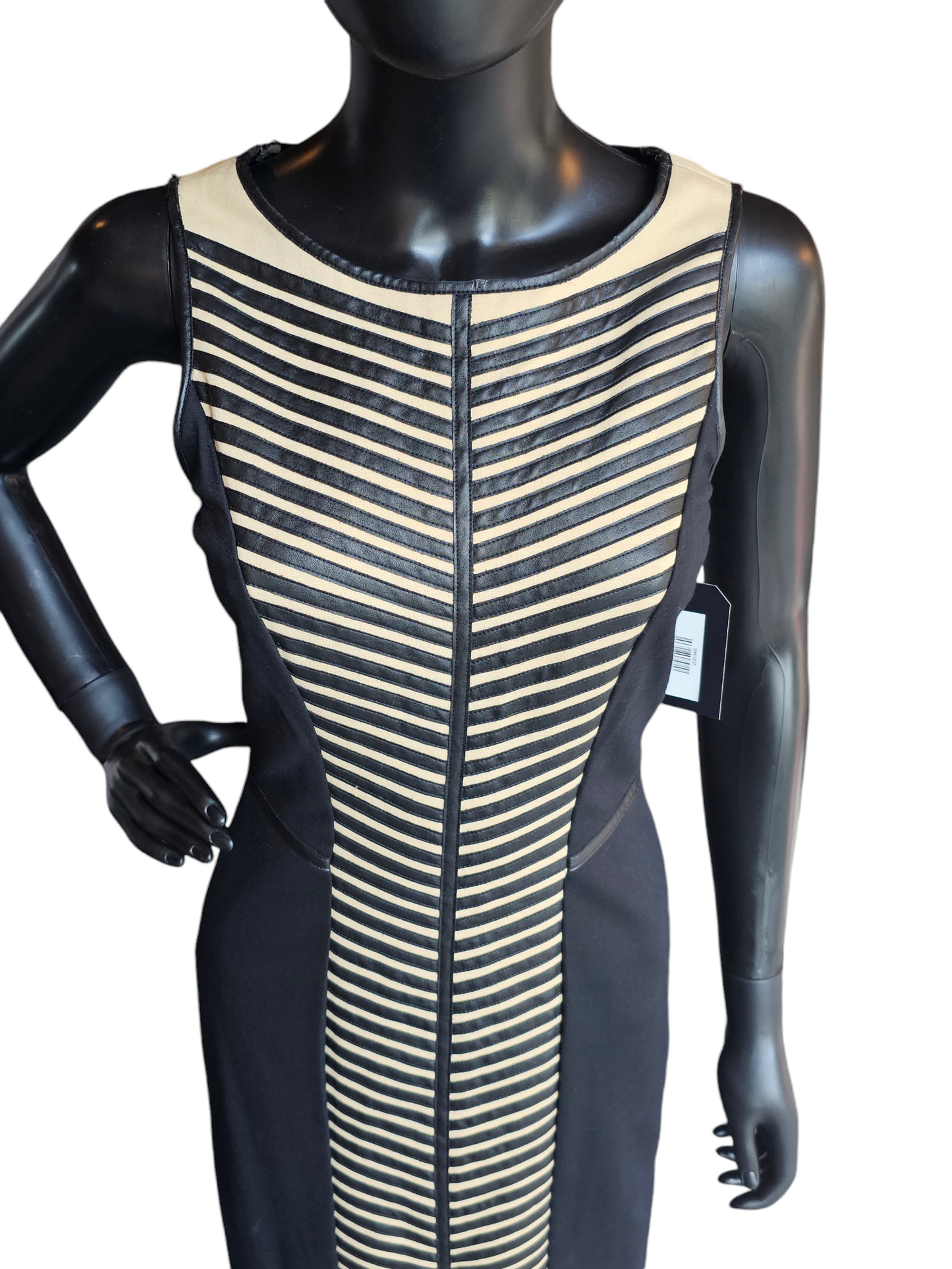Black/Tan Leather Chevron Sheath Dress - Cynthia Steffe
