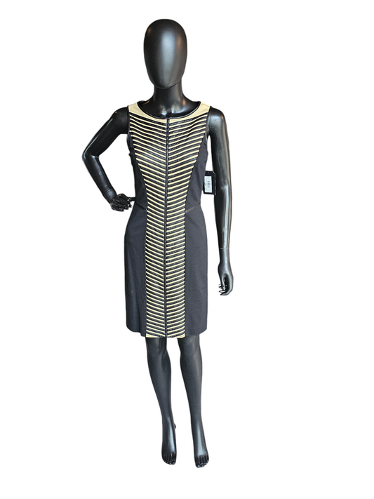 Black/Tan Leather Chevron Sheath Dress - Cynthia Steffe