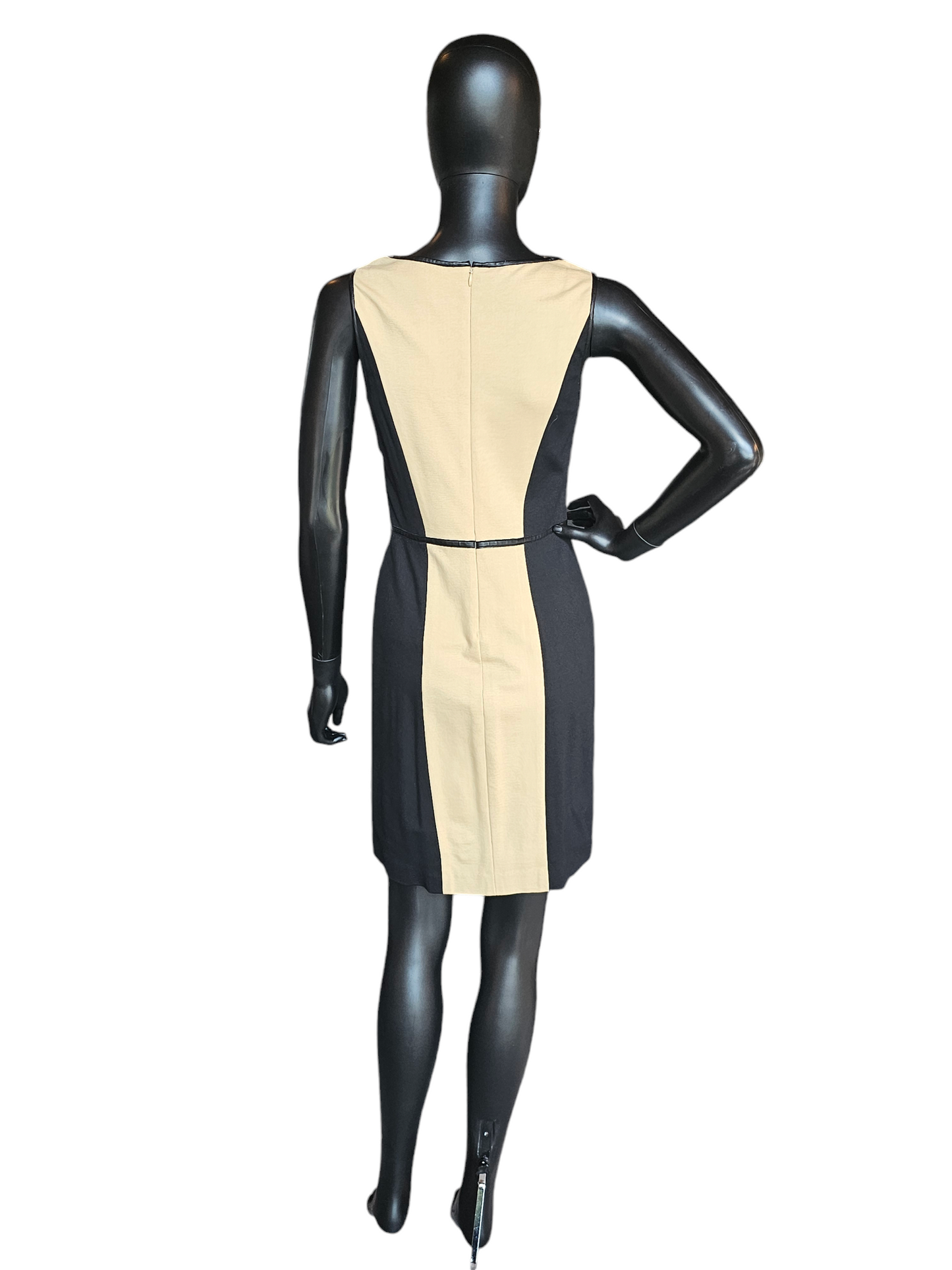 Black/Tan Leather Chevron Sheath Dress - Cynthia Steffe