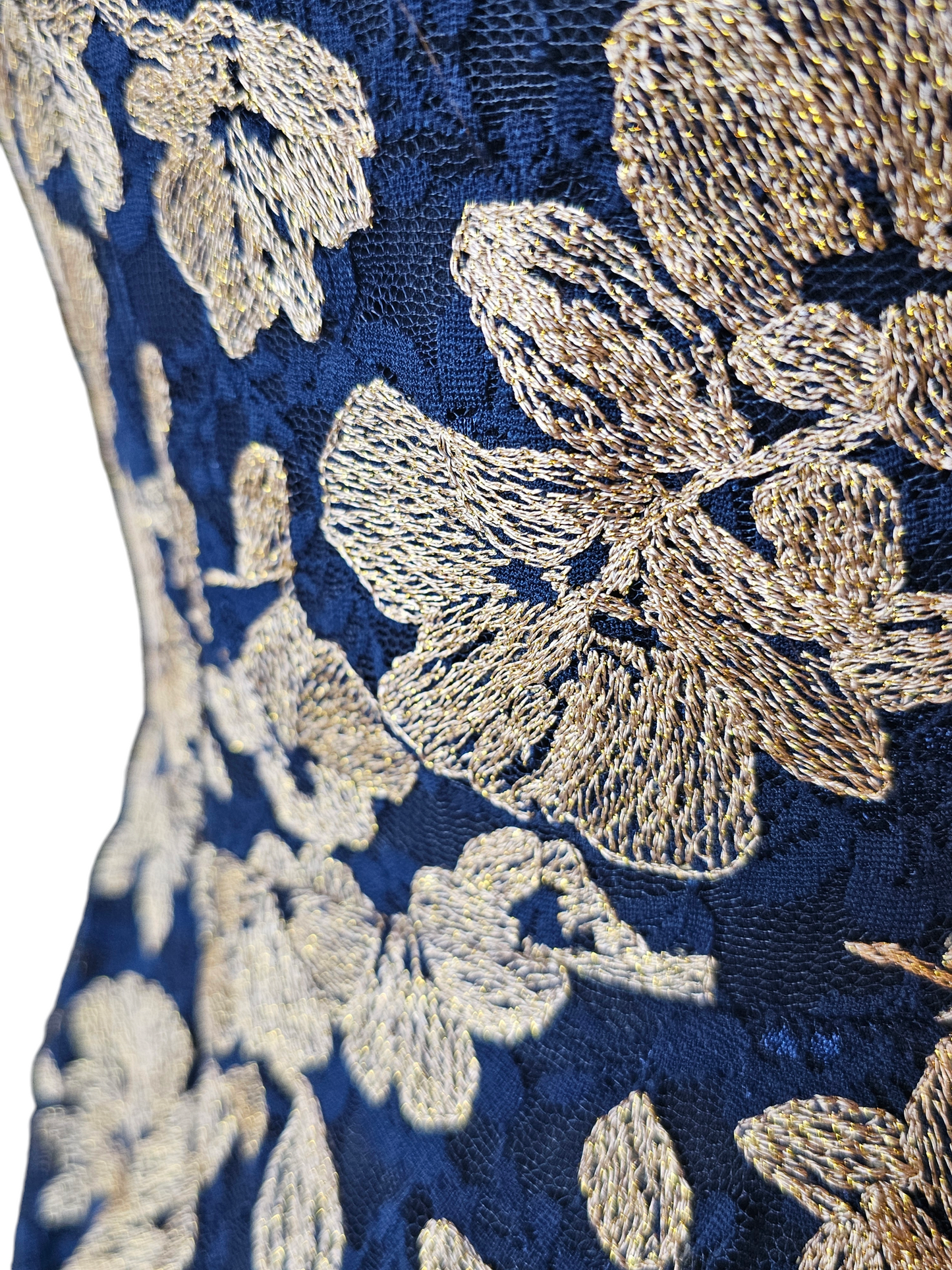 Navy Lace Halter Gold Embroidered Dress - Xscape