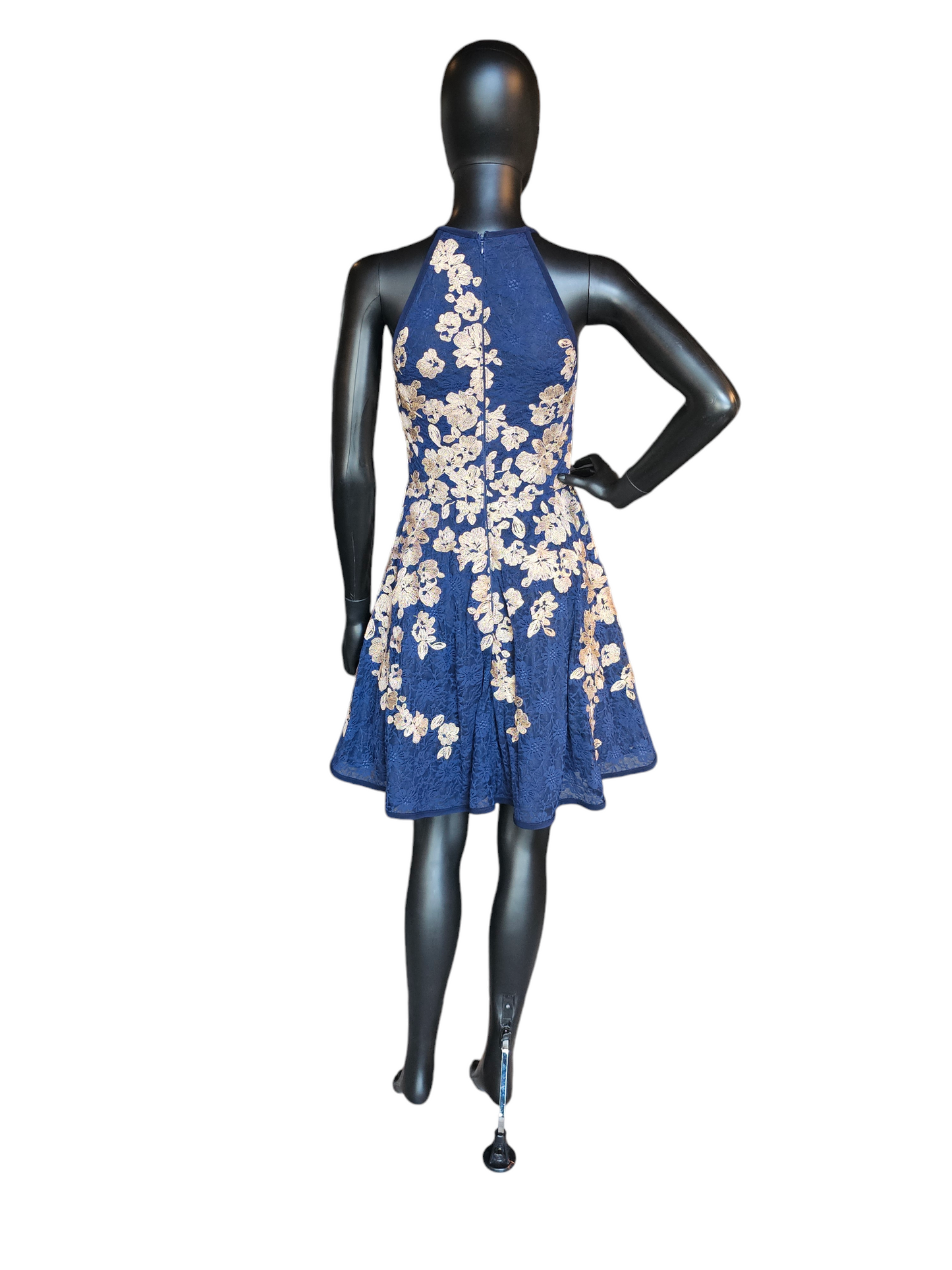 Navy Lace Halter Gold Embroidered Dress - Xscape