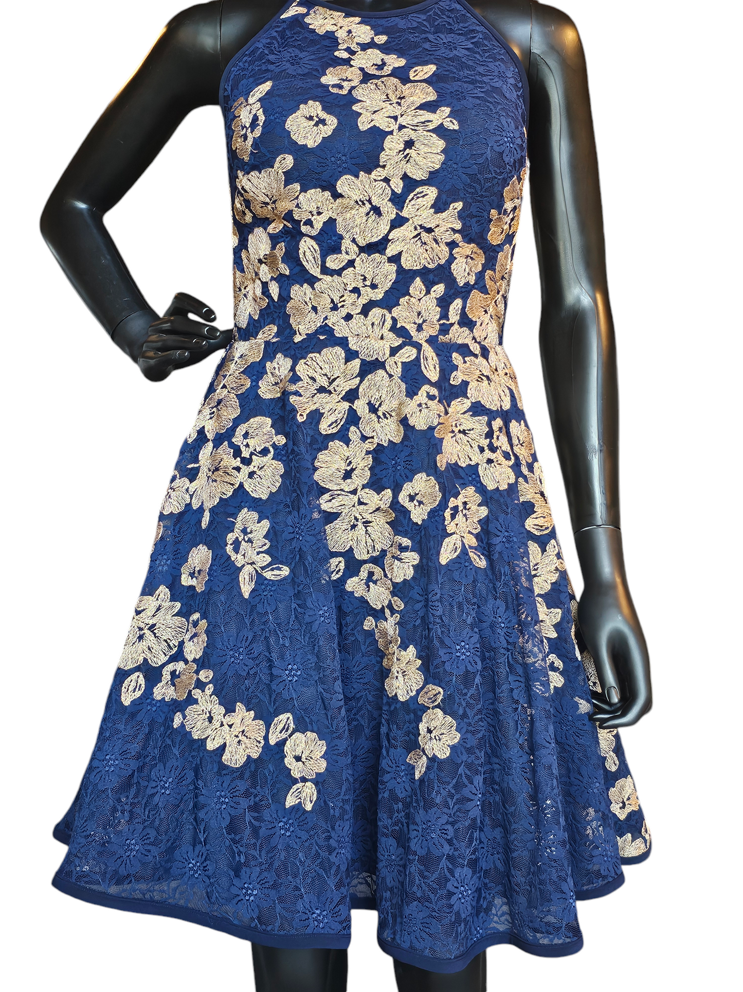 Navy Lace Halter Gold Embroidered Dress - Xscape