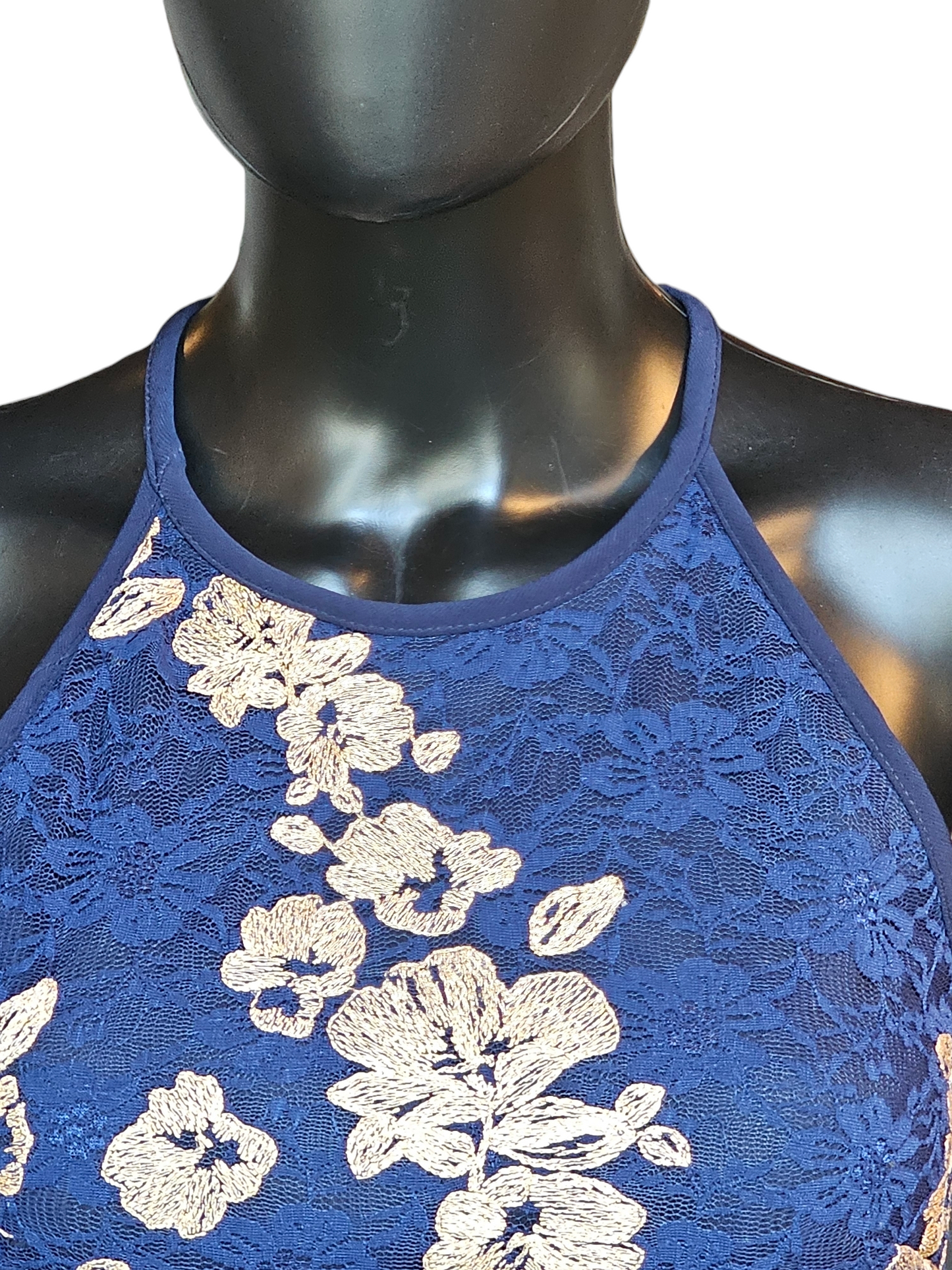 Navy Lace Halter Gold Embroidered Dress - Xscape