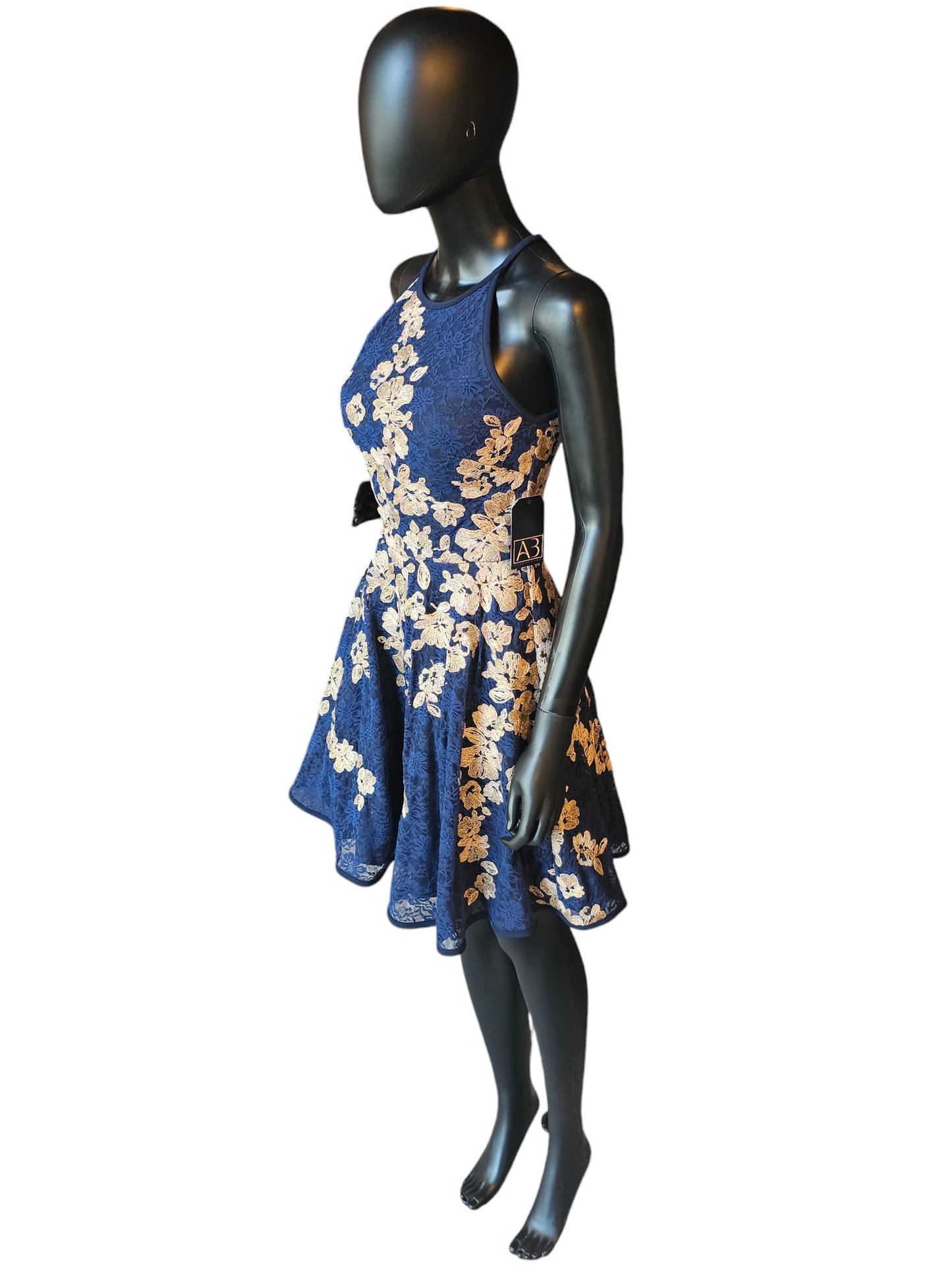 Navy Lace Halter Gold Embroidered Dress - Xscape