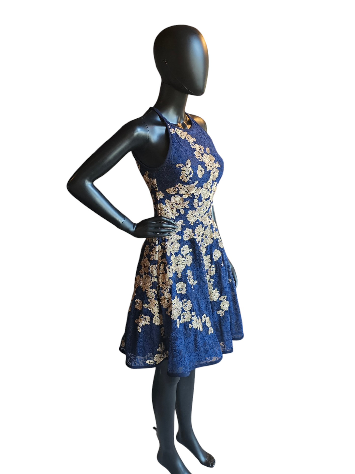 Navy Lace Halter Gold Embroidered Dress - Xscape