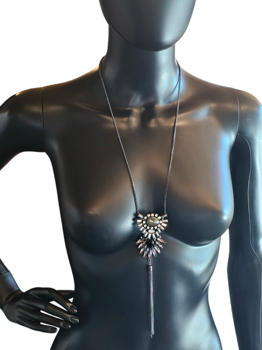 Black Crystal Abstract Tassel Long Necklace