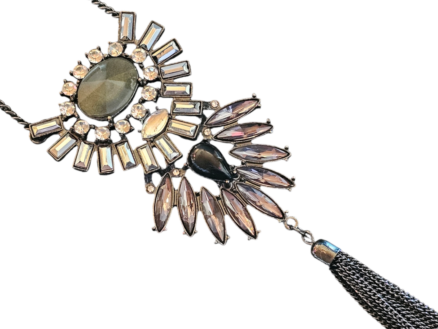 Black Crystal Abstract Tassel Long Necklace