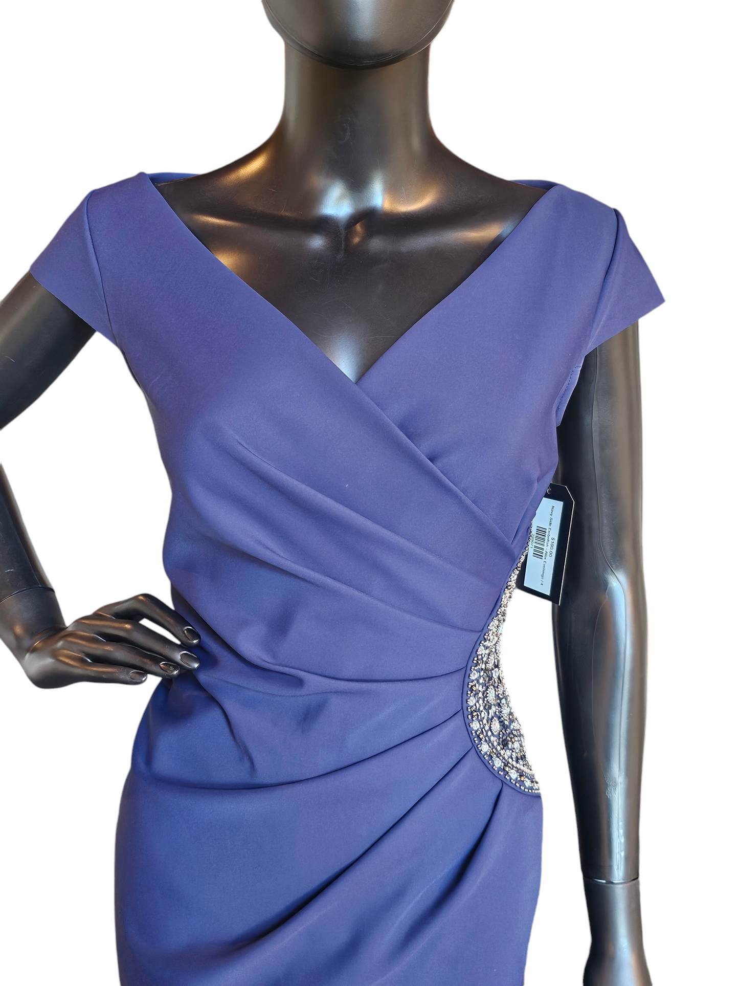 Navy Side Embellish Cap Sleeve Cocktail Dress - Alex Evenings