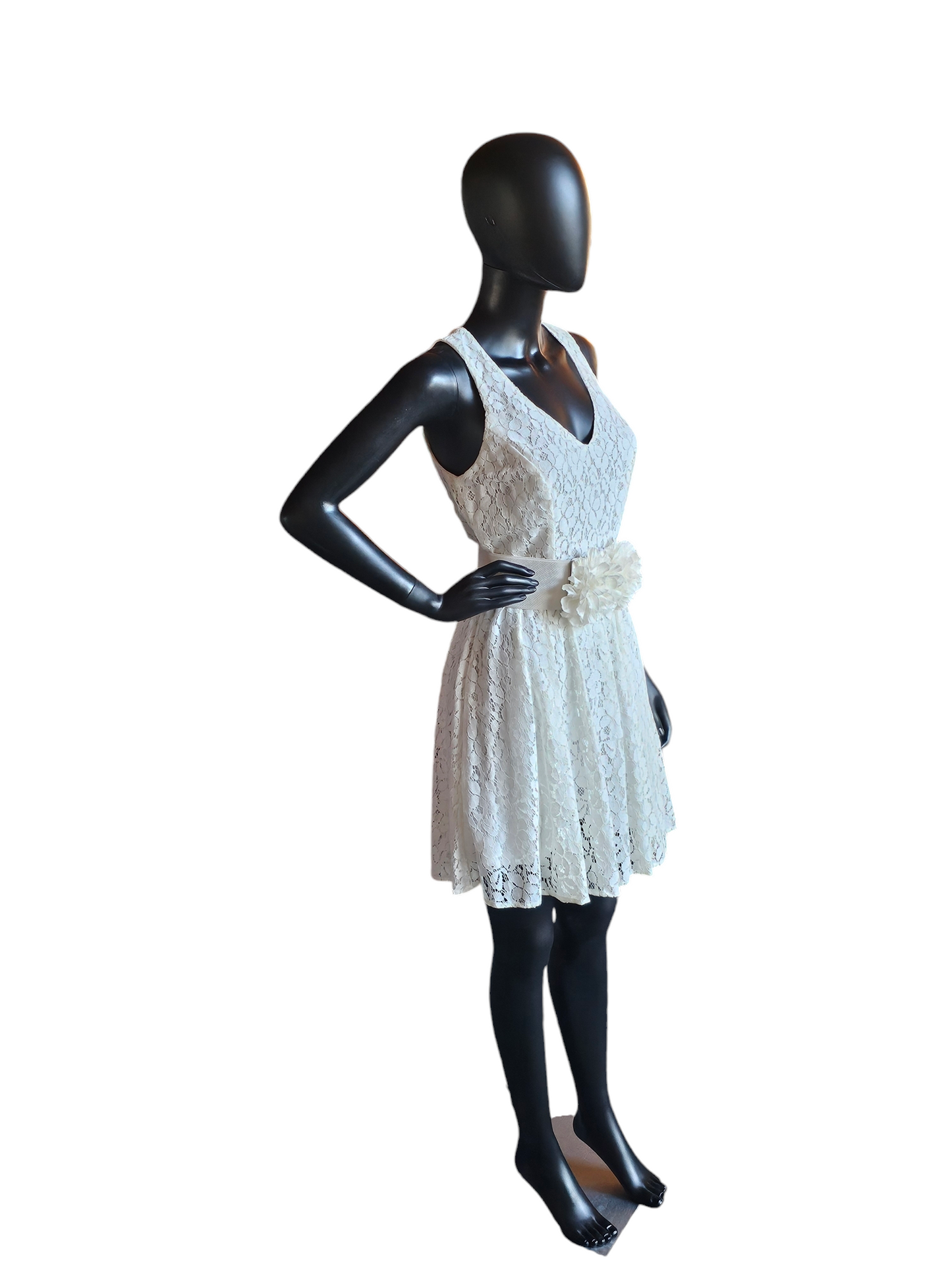 White Lace Floral Belted Dress - NWT