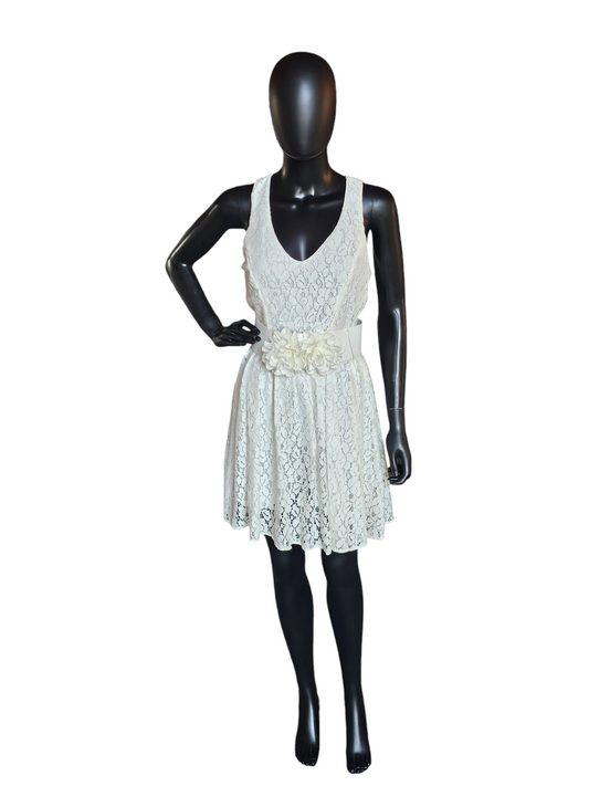 White Lace Floral Belted Dress - NWT
