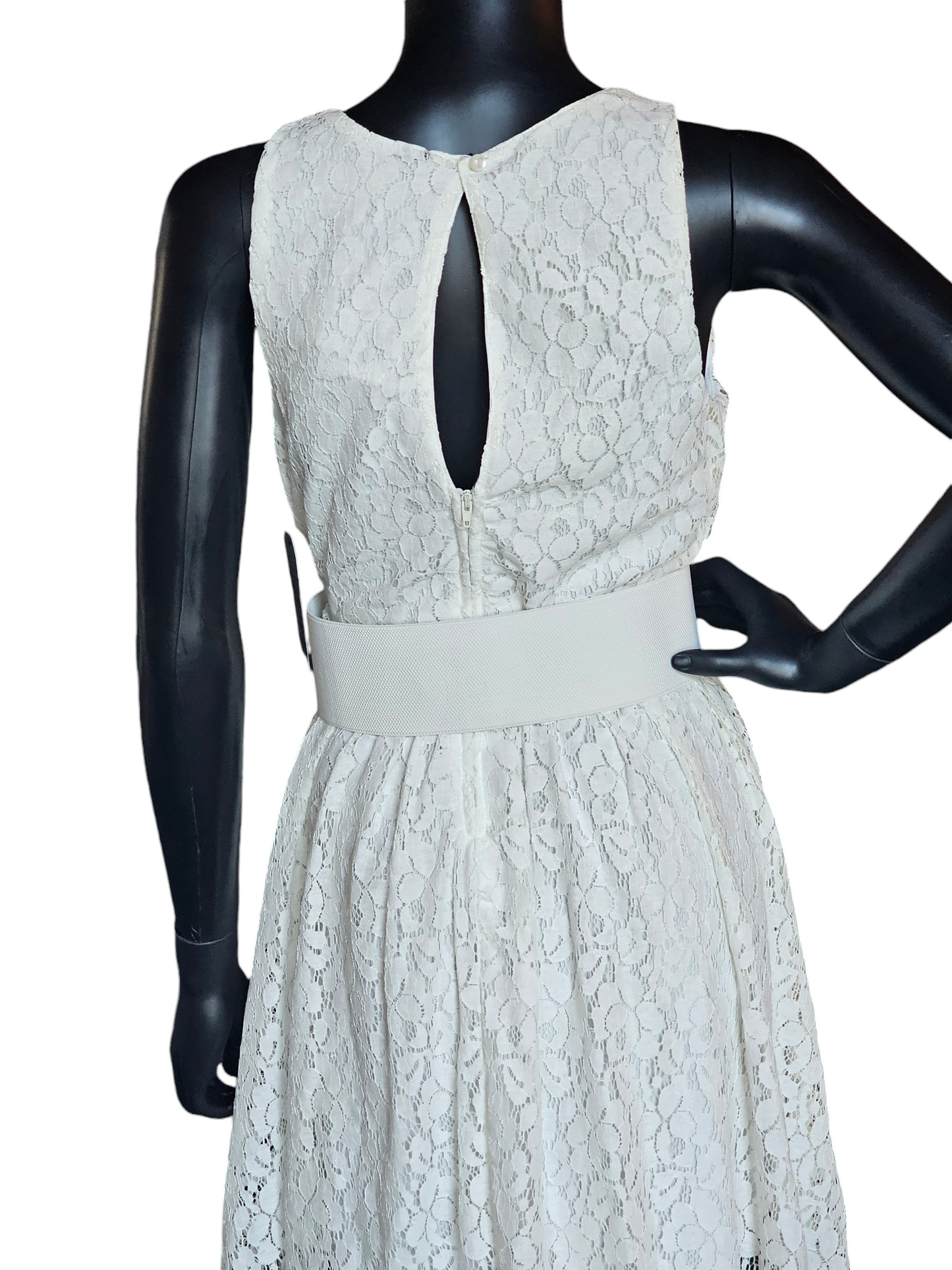 White Lace Floral Belted Dress - NWT