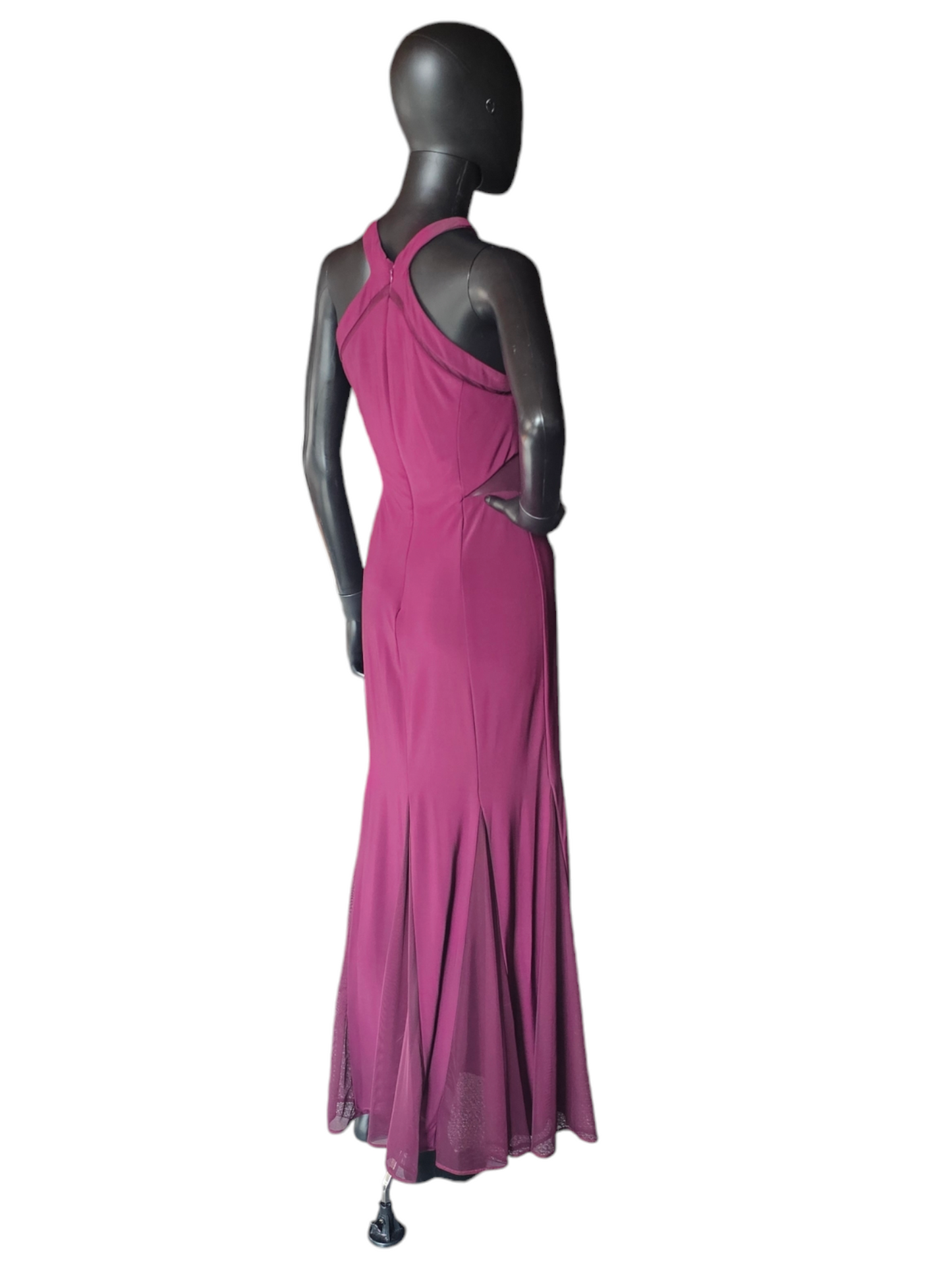 Burgundy Illusion Halter Full Length Formal Gown - Nightway
