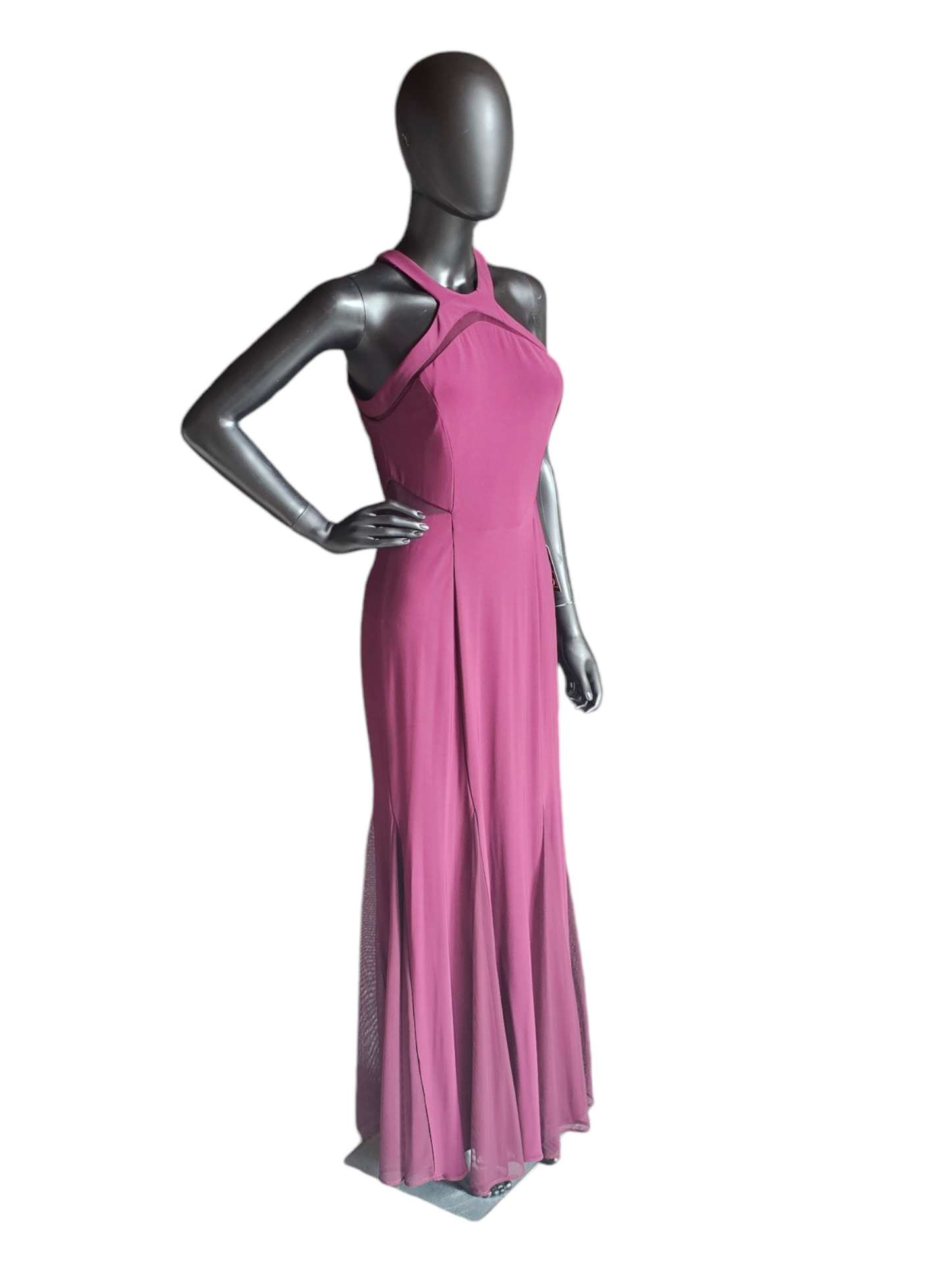Burgundy Illusion Halter Full Length Formal Gown - Nightway