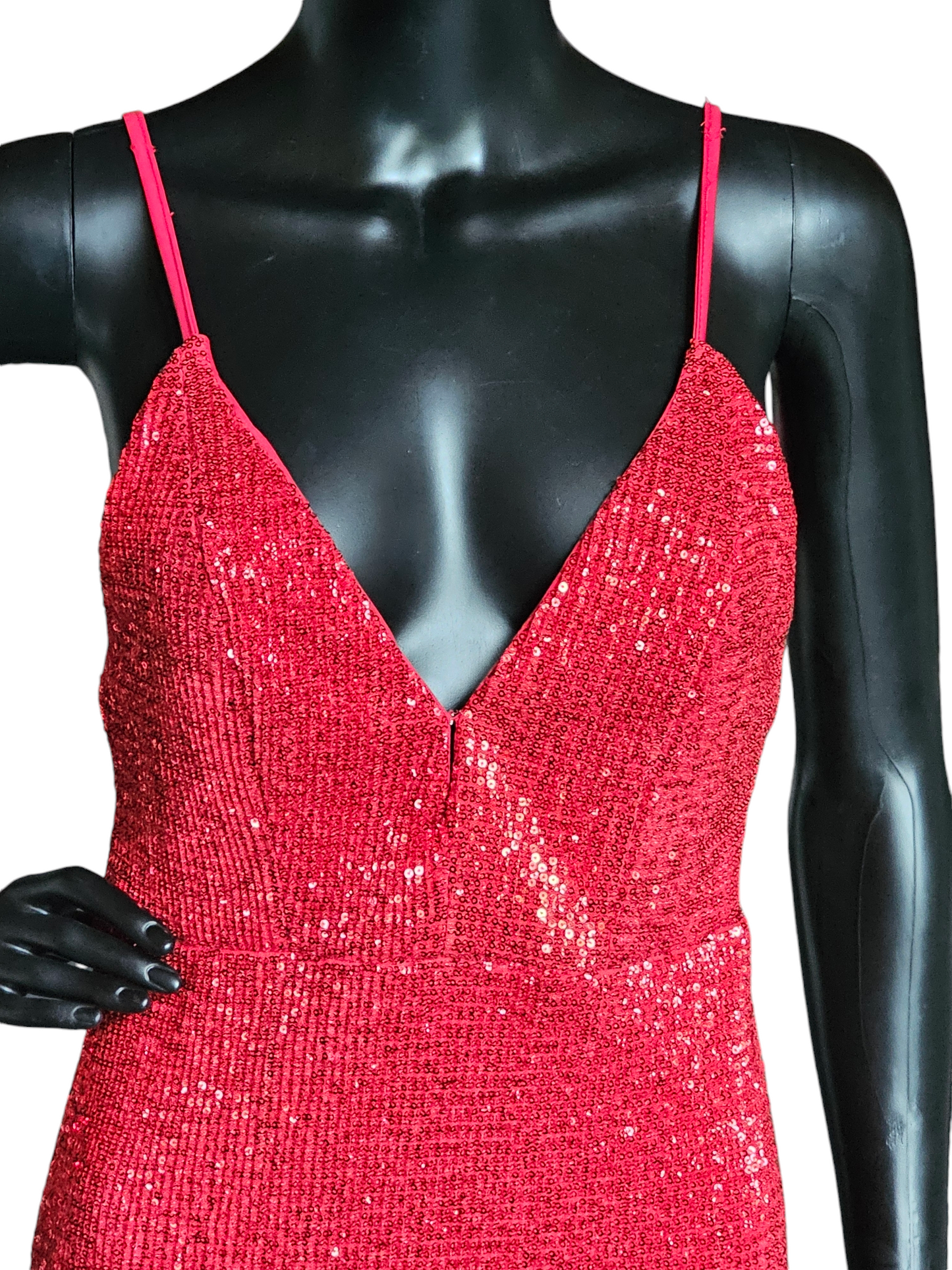 Red Sequin V-Neck Open Back Formal Dress - Hello Molly