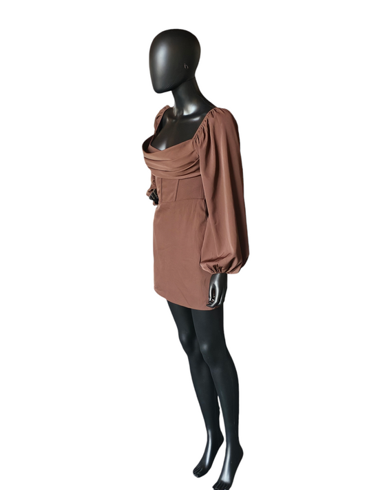 Brown Bishop Sleeve Minidress - Princess Polly