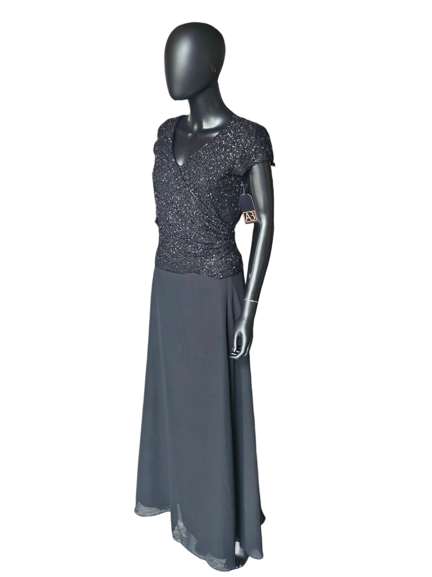 Black Beaded Cap Sleeve Formal Gown - JKARA New York
