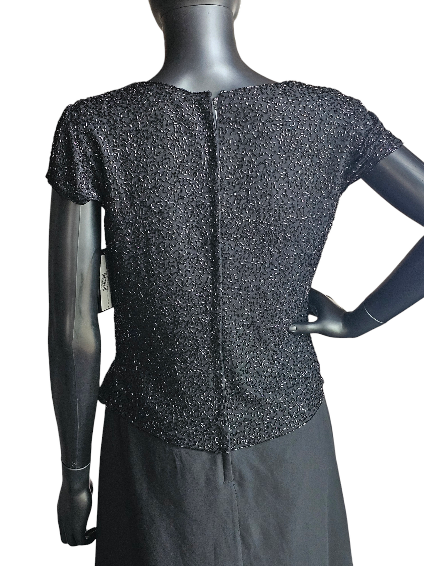 Black Beaded Cap Sleeve Formal Gown - JKARA New York