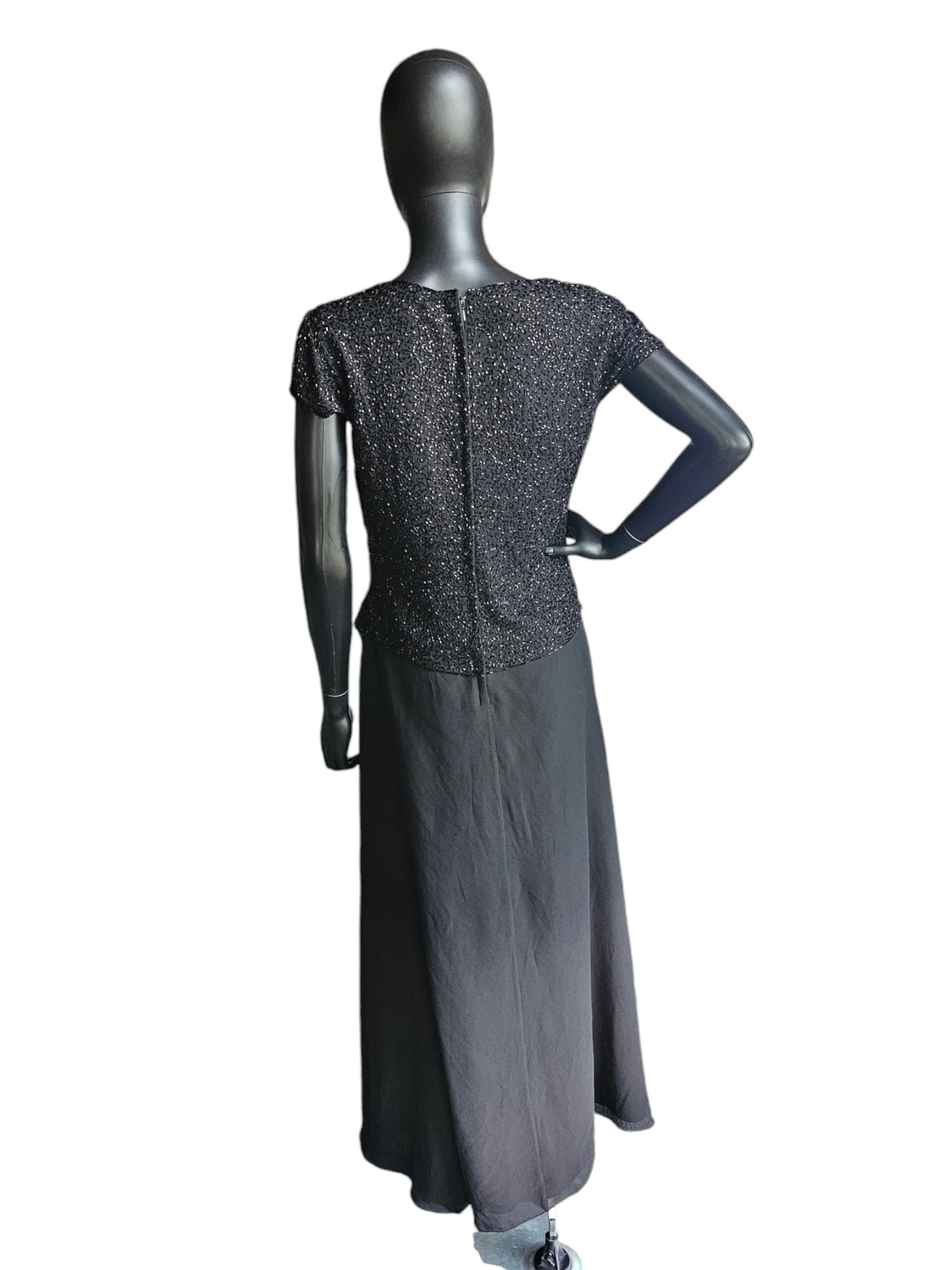 Black Beaded Cap Sleeve Formal Gown - JKARA New York