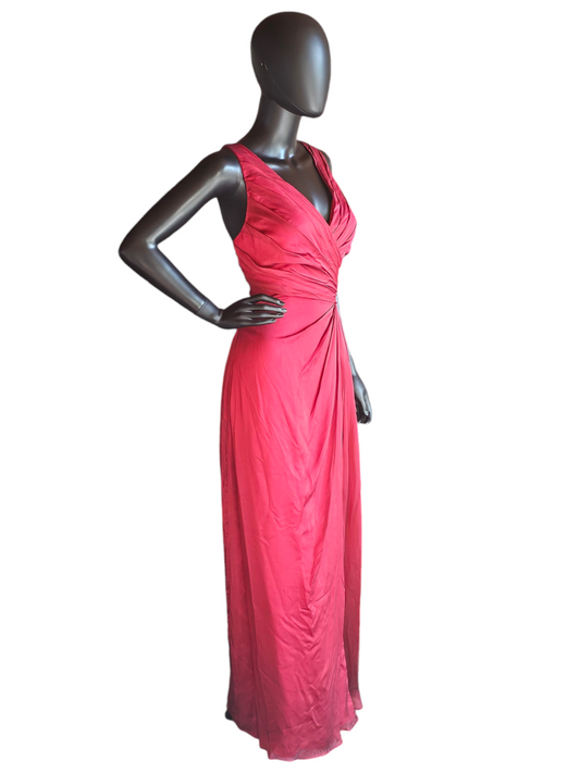 Red Shimmer V-Neck Crossback Formal Gown  - Belsoie