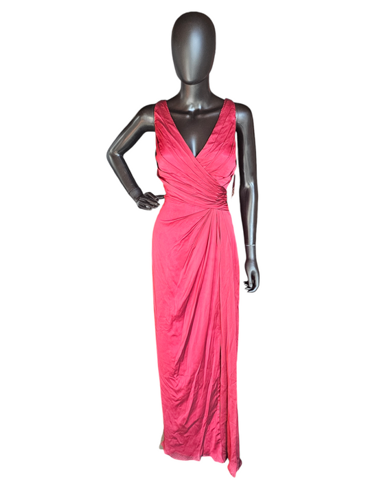 Red Shimmer V-Neck Crossback Formal Gown  - Belsoie