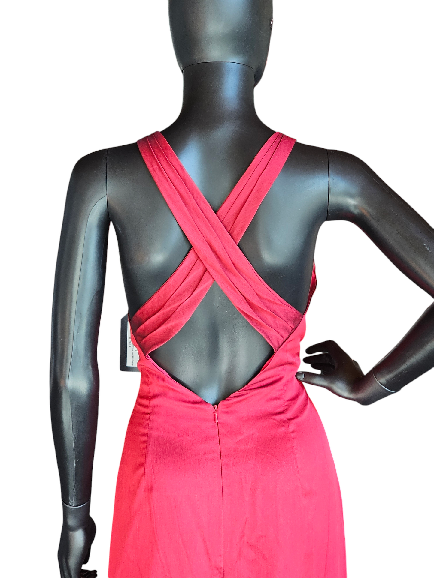 Red Shimmer V-Neck Crossback Formal Gown  - Belsoie