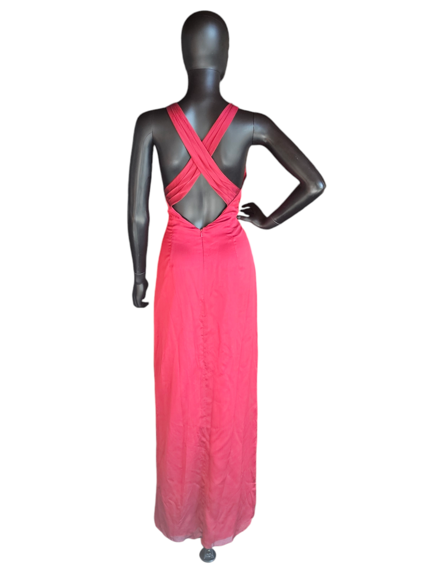 Red Shimmer V-Neck Crossback Formal Gown  - Belsoie