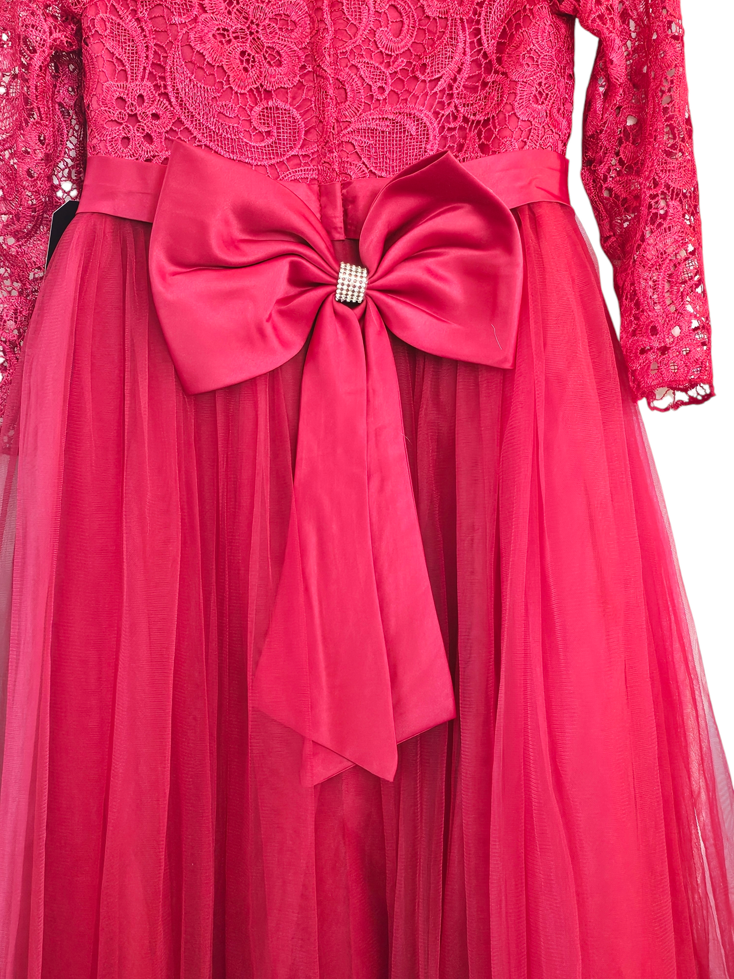 Red Full Length Lace Sleeve Child Party Dress
