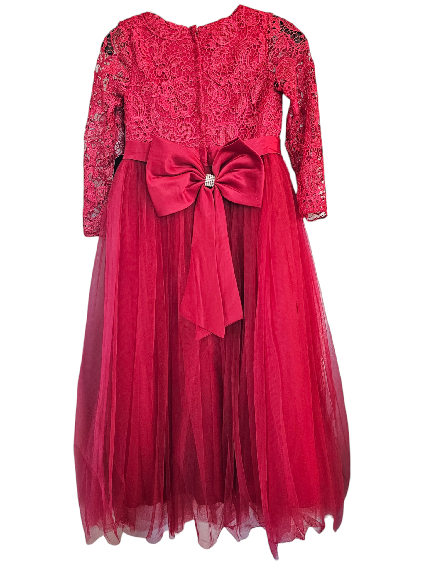 Red Full Length Lace Sleeve Child Party Dress