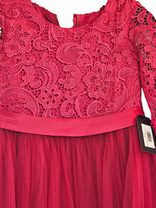Red Full Length Lace Sleeve Child Party Dress