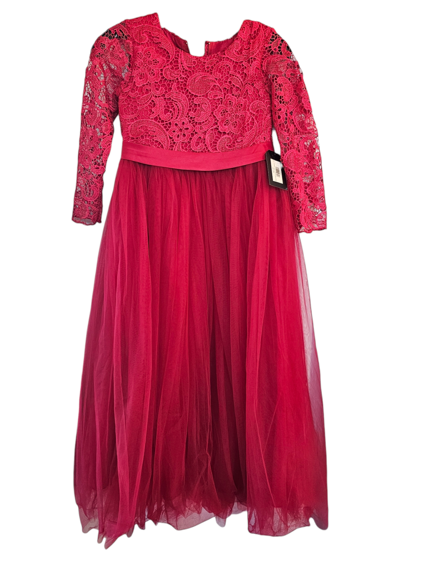 Red Full Length Lace Sleeve Child Party Dress