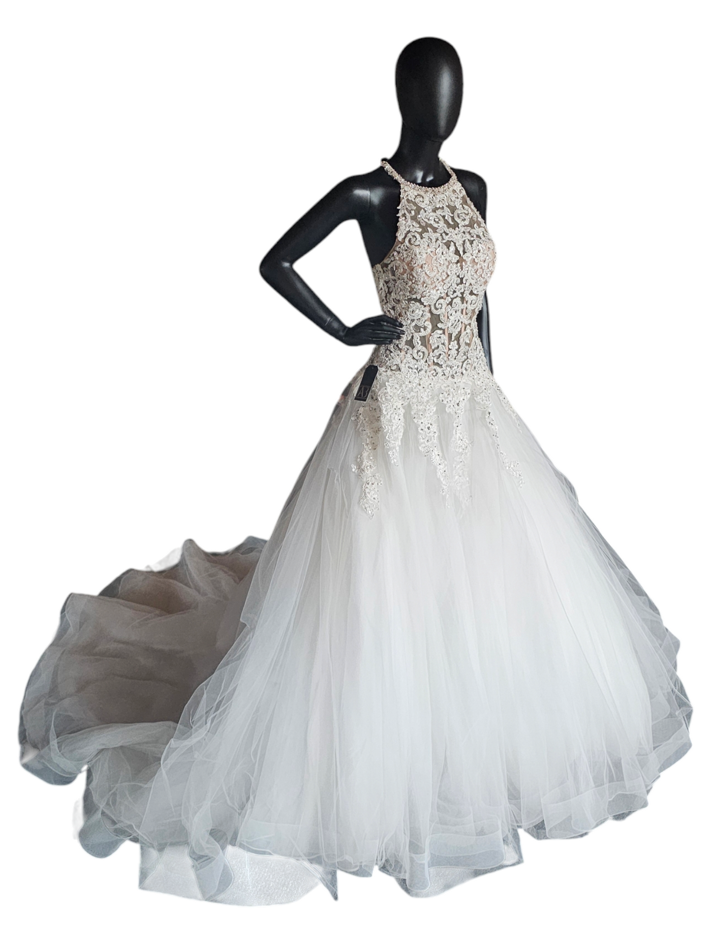 Mori Lee A-Line Beaded Racerback Halter Illusion Bodice Wedding Gown