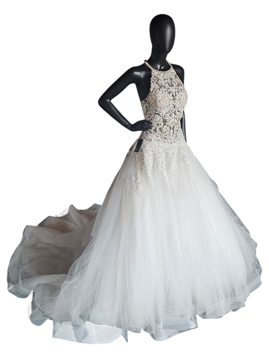 Mori Lee A-Line Beaded Racerback Halter Illusion Bodice Wedding Gown