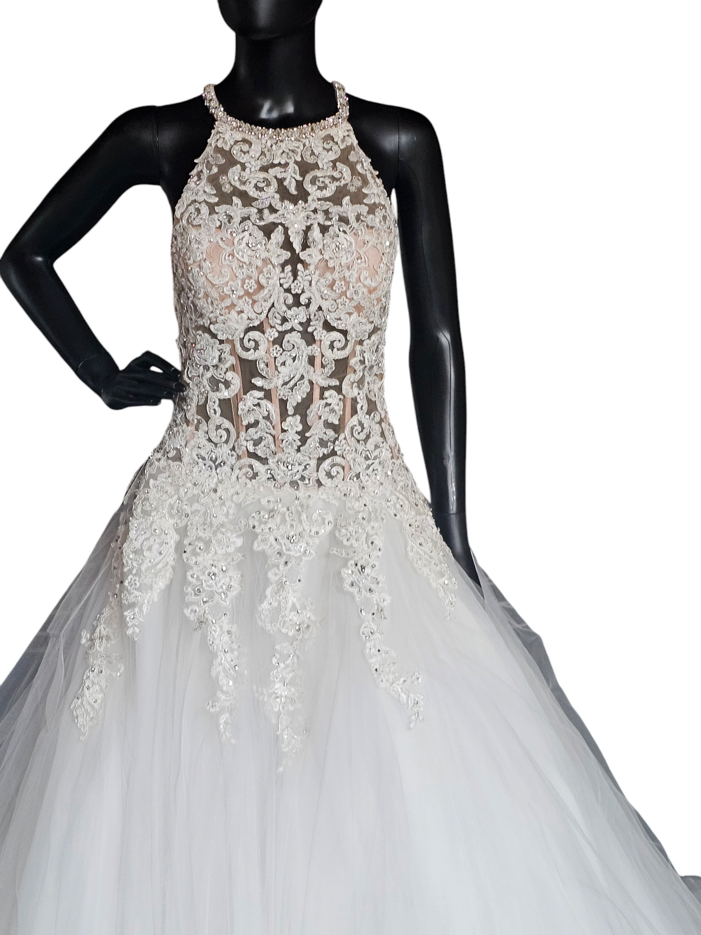 Mori Lee A-Line Beaded Racerback Halter Illusion Bodice Wedding Gown