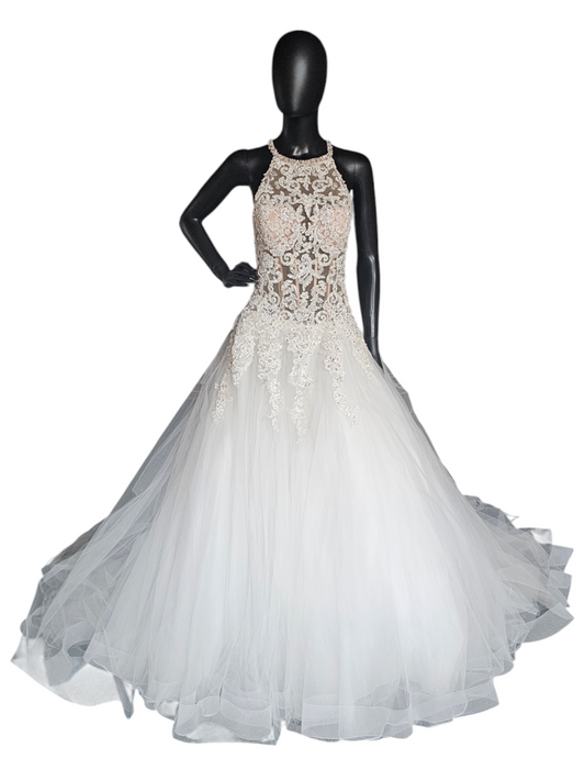 Mori Lee A-Line Beaded Racerback Halter Illusion Bodice Wedding Gown