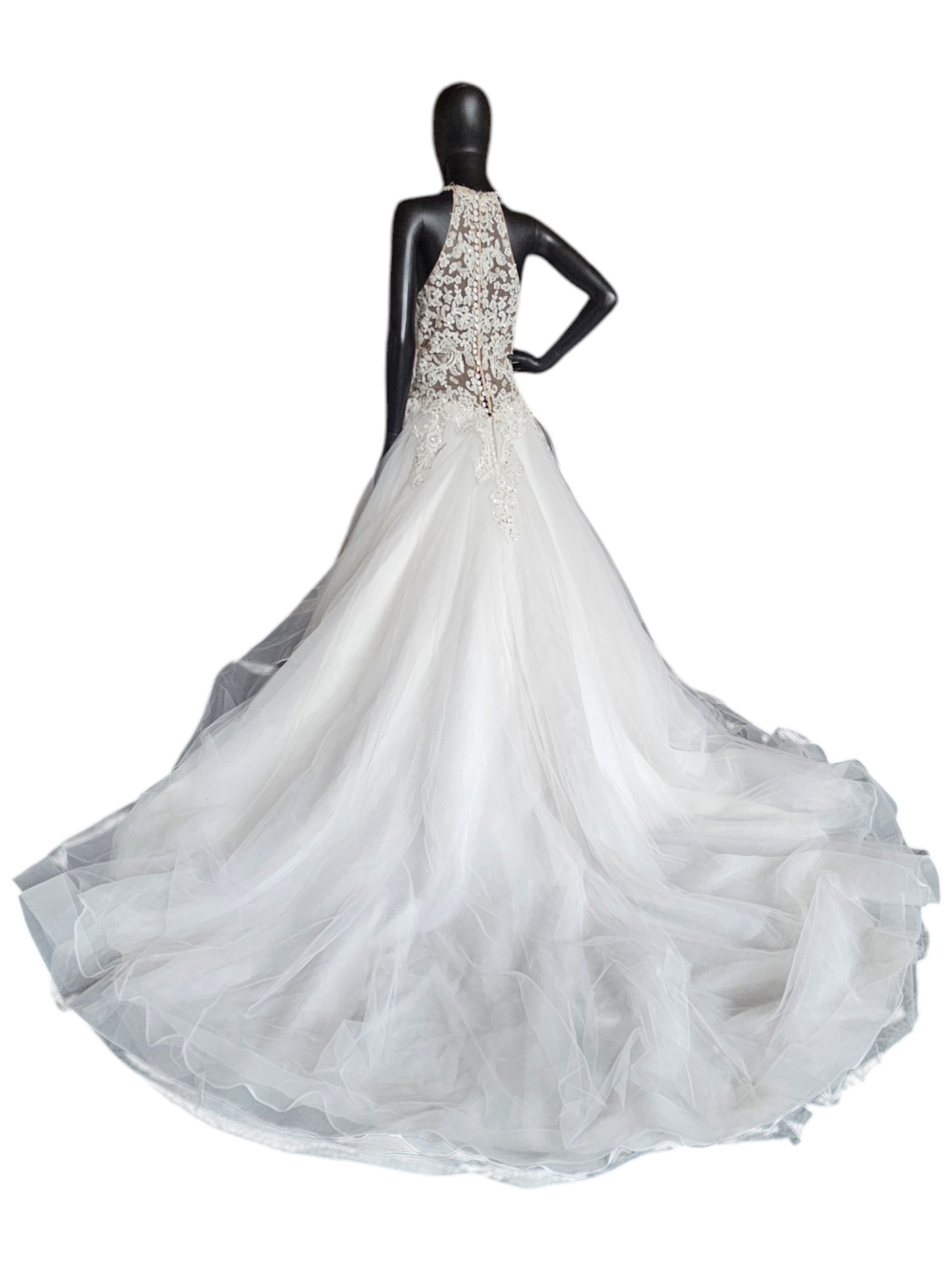Mori Lee A-Line Beaded Racerback Halter Illusion Bodice Wedding Gown