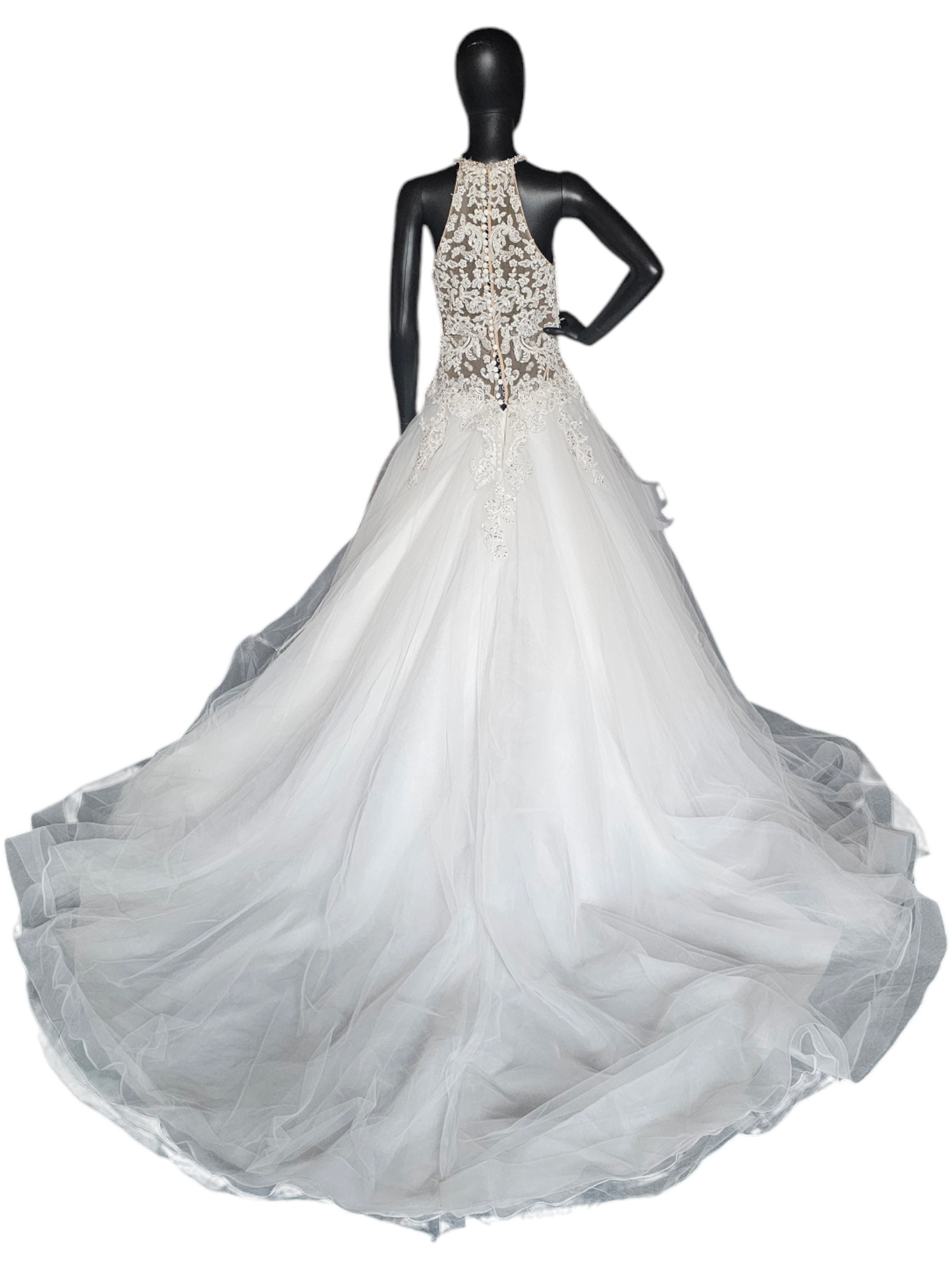 Mori Lee A-Line Beaded Racerback Halter Illusion Bodice Wedding Gown