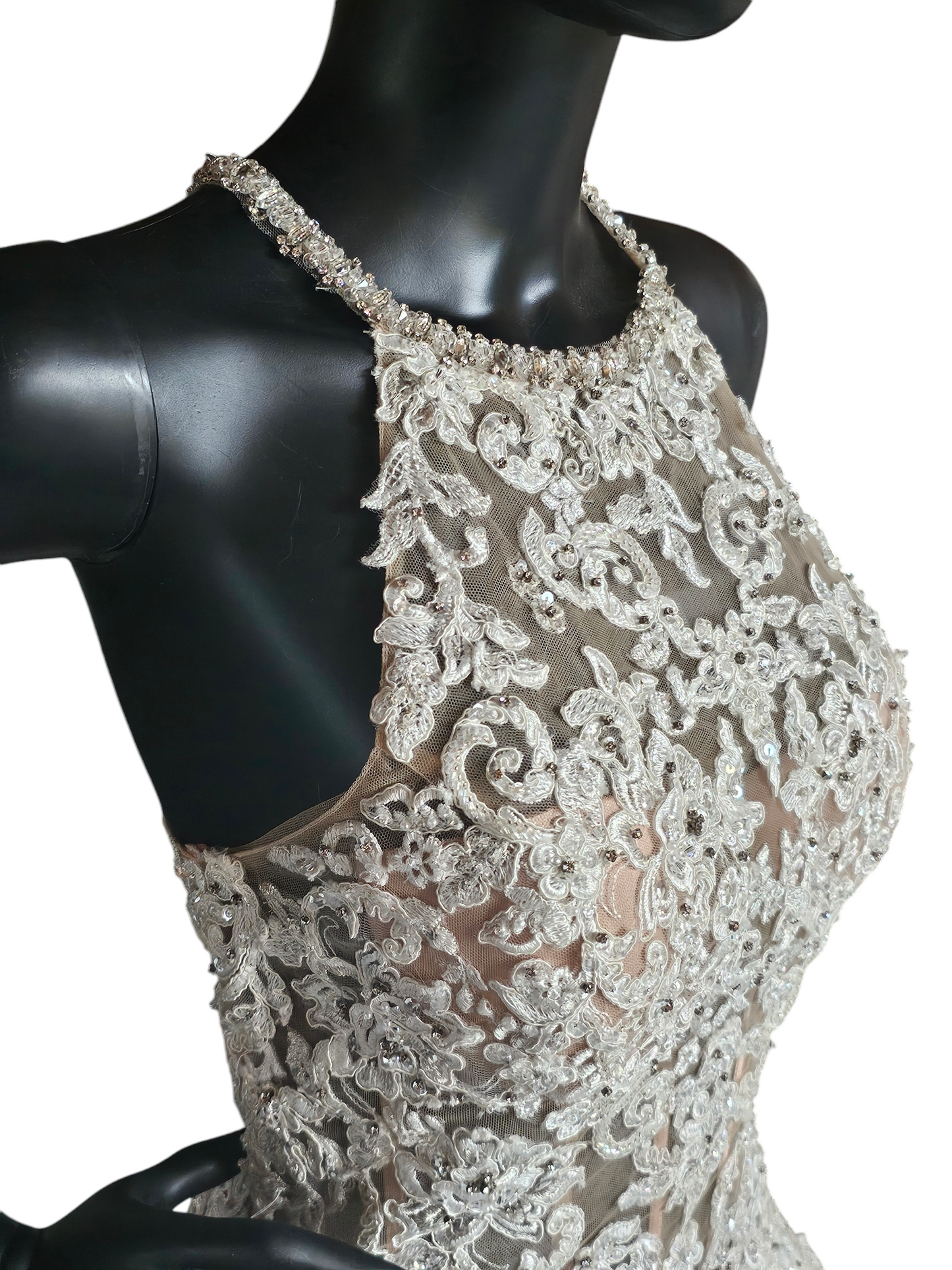 Mori Lee A-Line Beaded Racerback Halter Illusion Bodice Wedding Gown