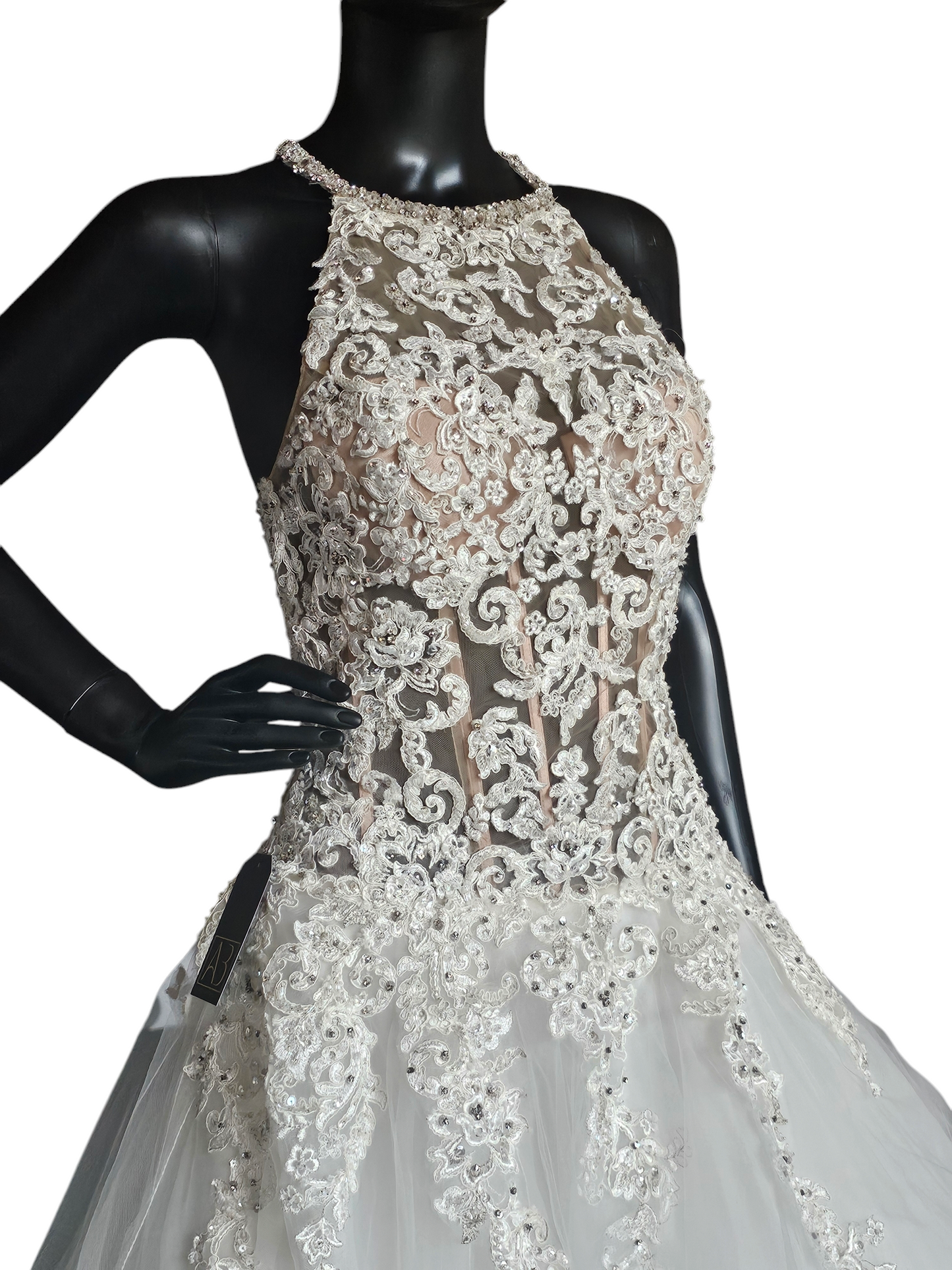 Mori Lee A-Line Beaded Racerback Halter Illusion Bodice Wedding Gown