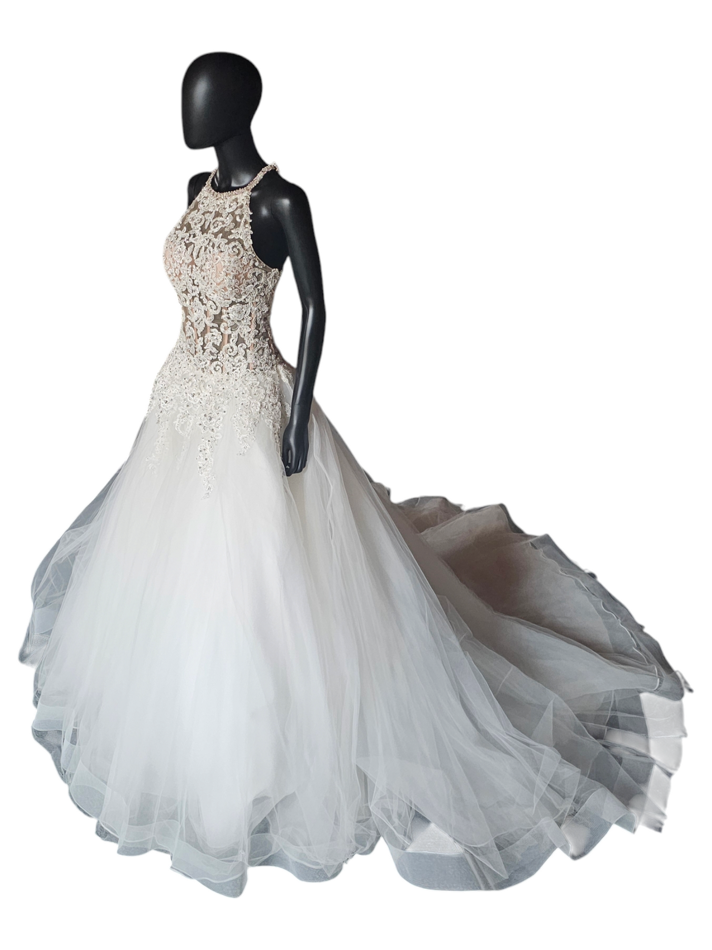 Mori Lee A-Line Beaded Racerback Halter Illusion Bodice Wedding Gown