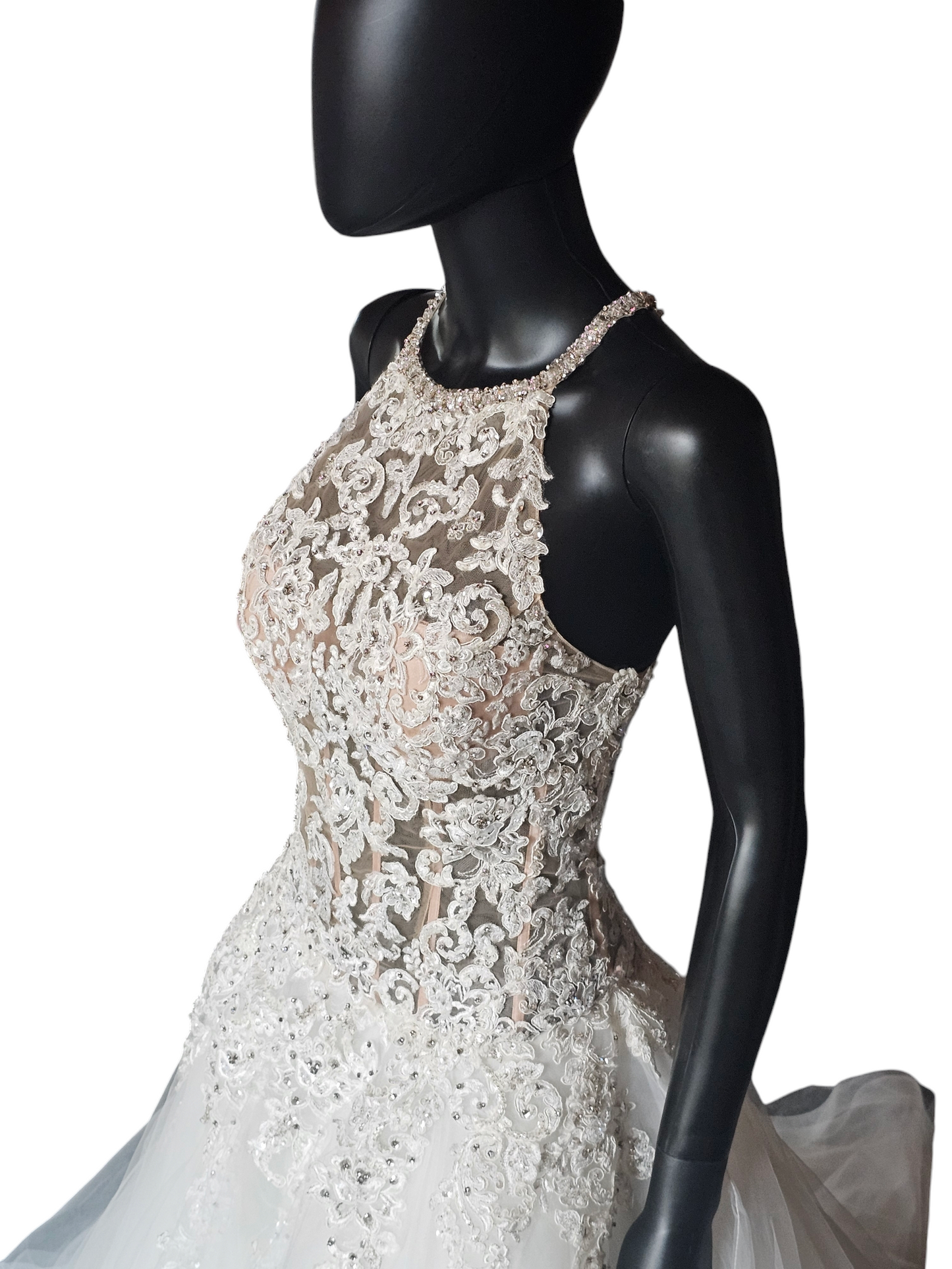 Mori Lee A-Line Beaded Racerback Halter Illusion Bodice Wedding Gown