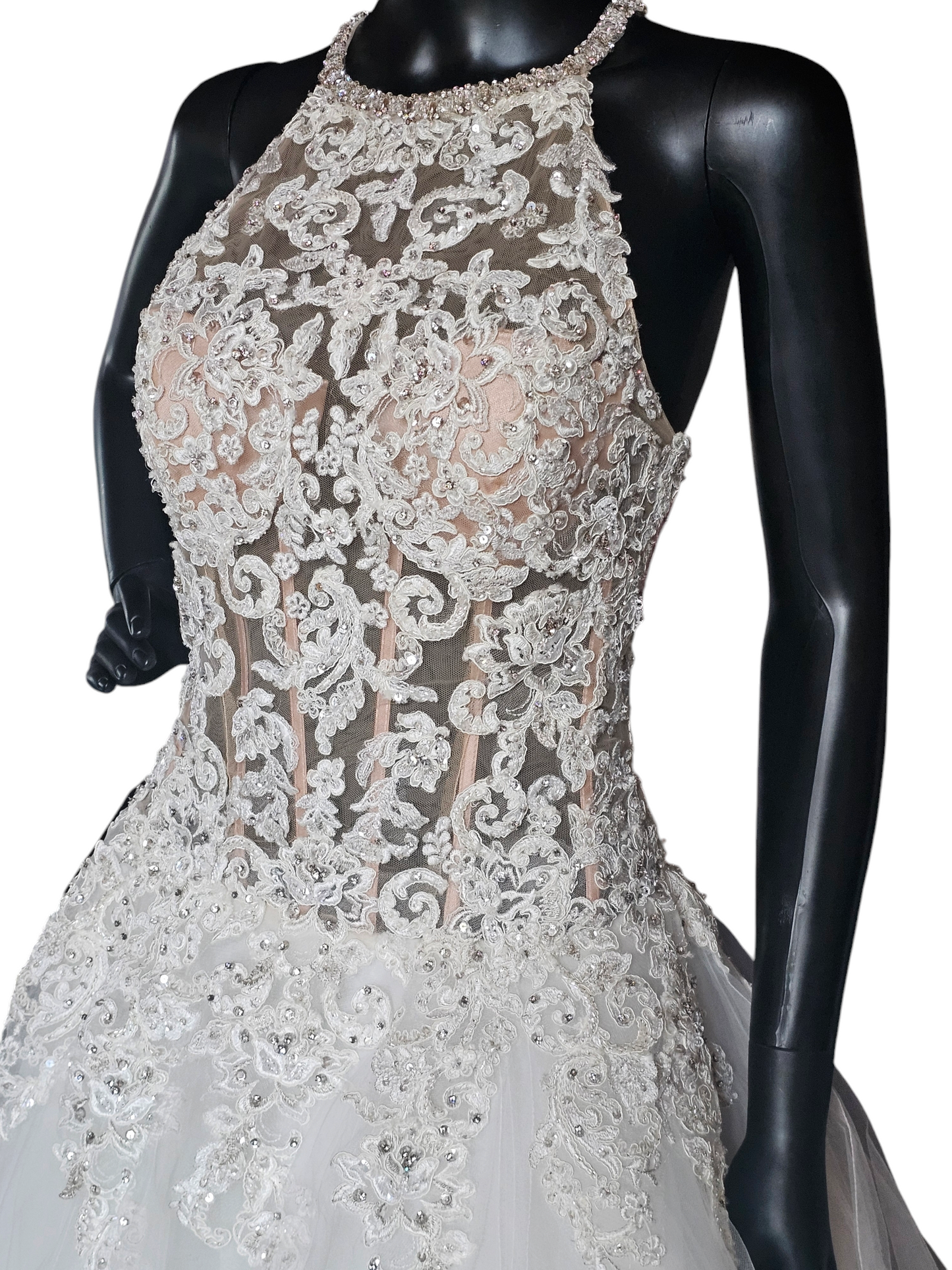 Mori Lee A-Line Beaded Racerback Halter Illusion Bodice Wedding Gown