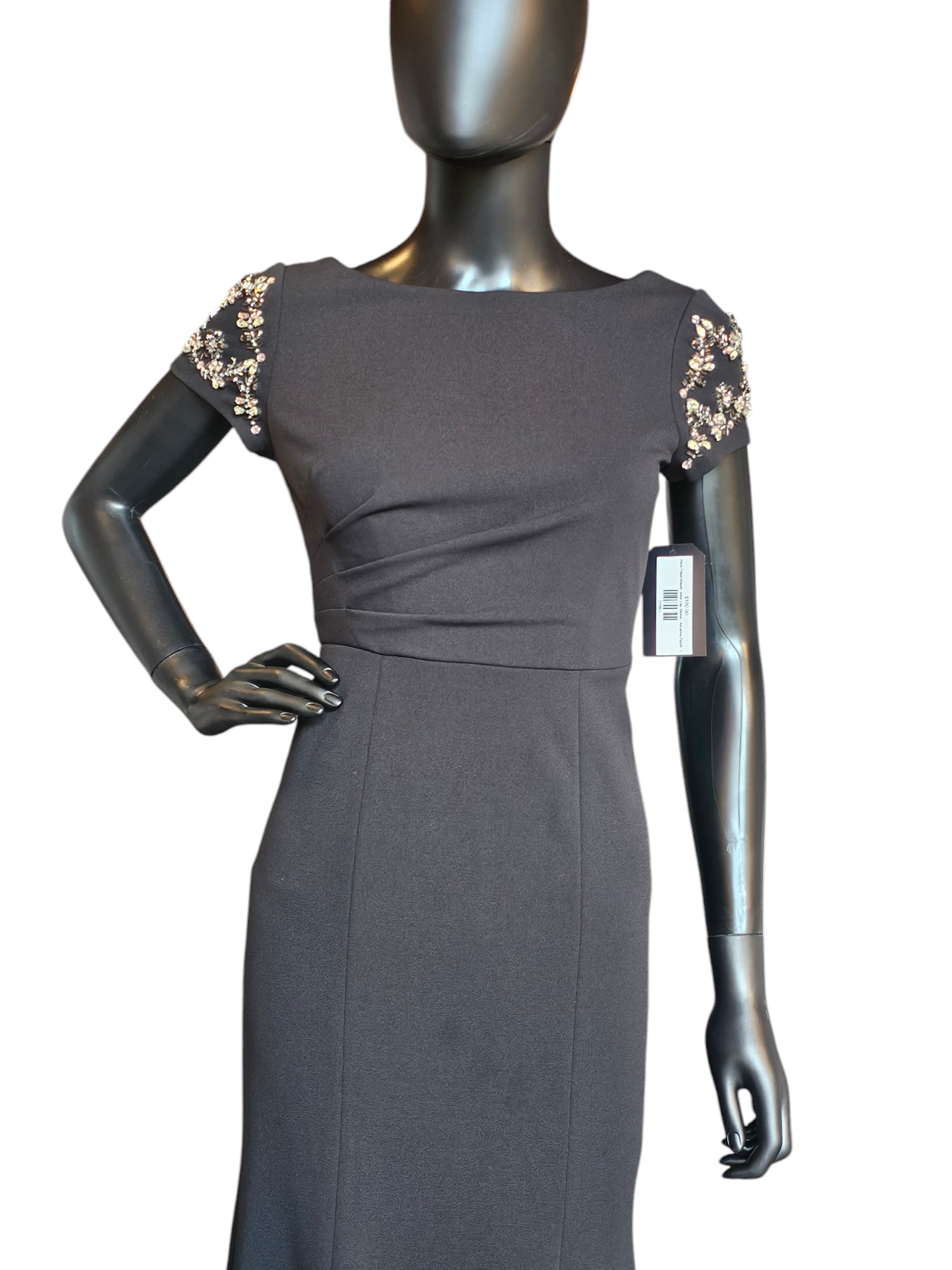 Stretch Crepe Black Fitted Sheath Jewel Cap Sleeve Formal Gown - Adrianna Papell