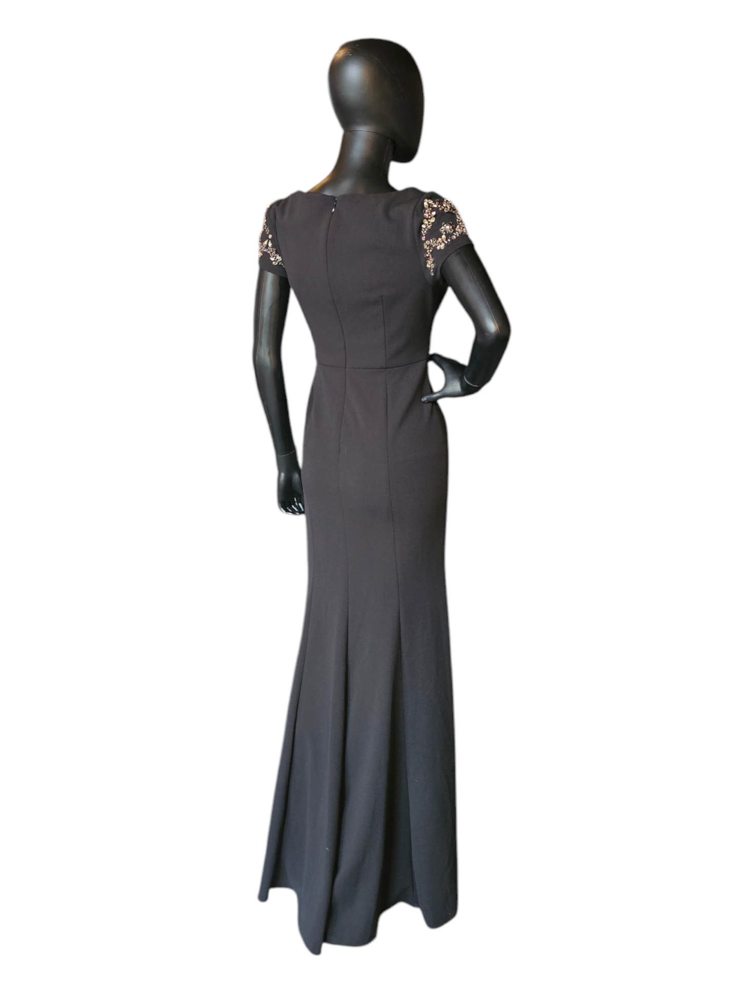 Stretch Crepe Black Fitted Sheath Jewel Cap Sleeve Formal Gown - Adrianna Papell