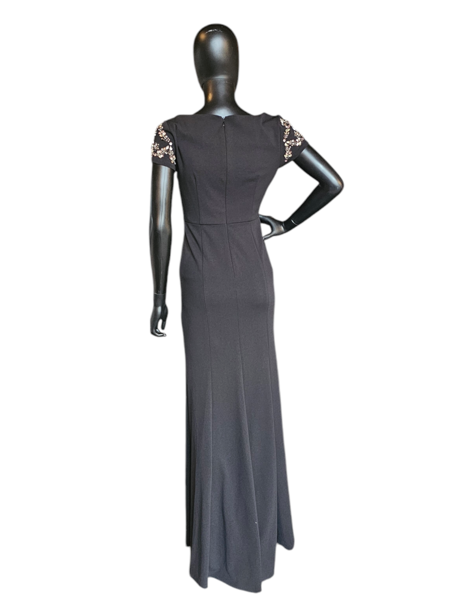 Stretch Crepe Black Fitted Sheath Jewel Cap Sleeve Formal Gown - Adrianna Papell