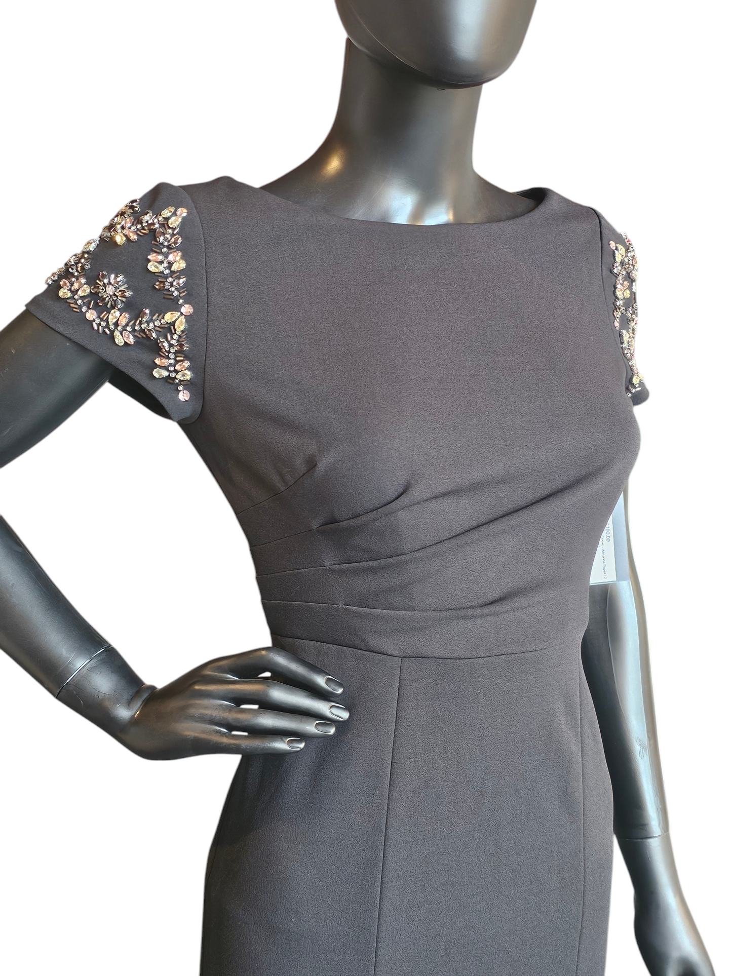 Stretch Crepe Black Fitted Sheath Jewel Cap Sleeve Formal Gown - Adrianna Papell