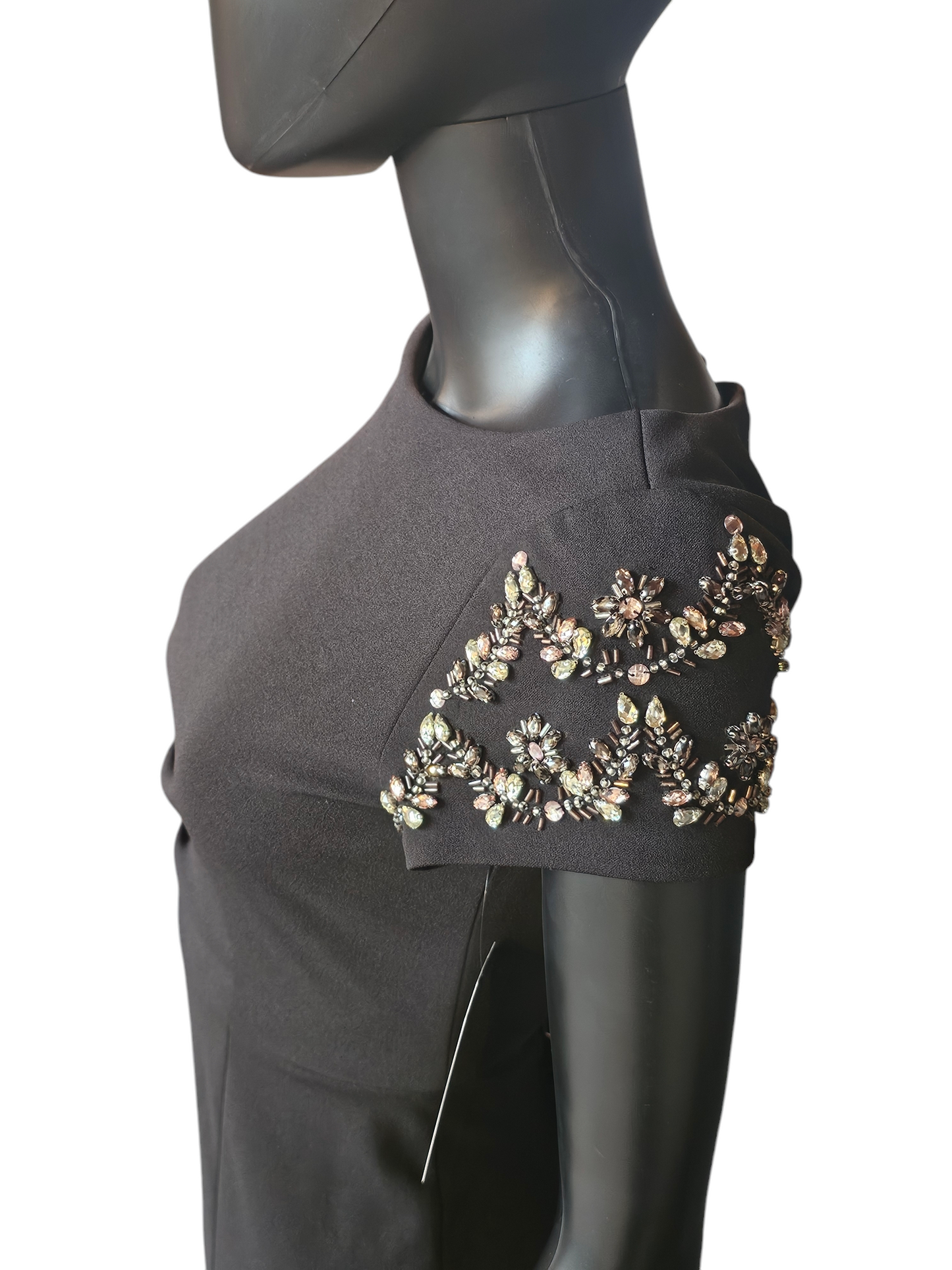 Stretch Crepe Black Fitted Sheath Jewel Cap Sleeve Formal Gown - Adrianna Papell