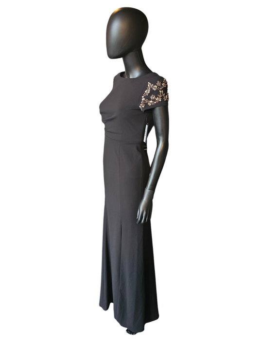 Stretch Crepe Black Fitted Sheath Jewel Cap Sleeve Formal Gown - Adrianna Papell