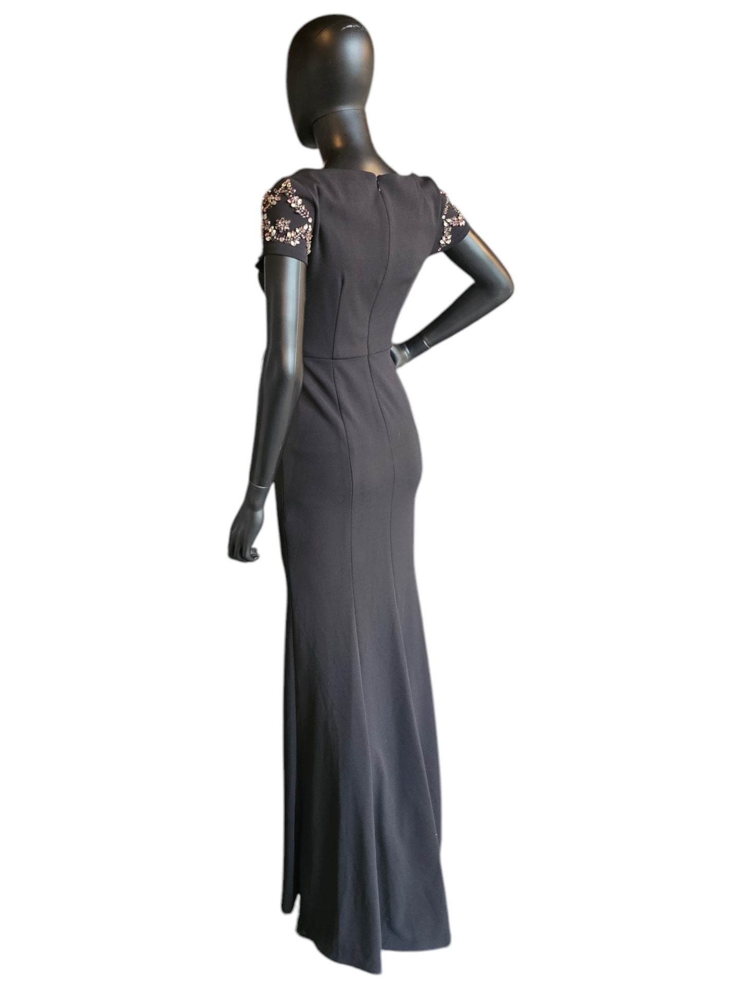 Stretch Crepe Black Fitted Sheath Jewel Cap Sleeve Formal Gown - Adrianna Papell